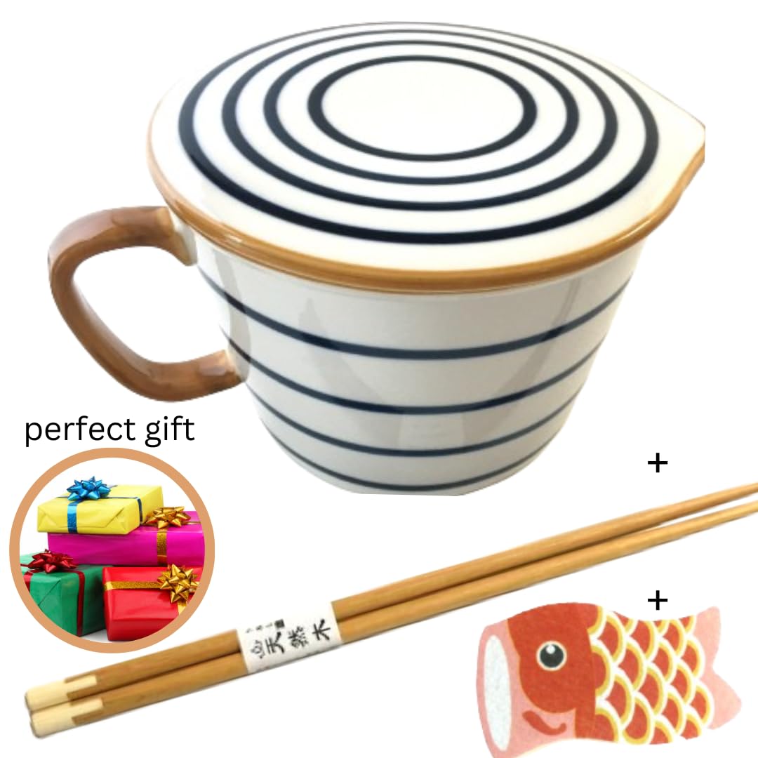 Premium Ceramic Noodle Bowl Set - Microwave Safe Ramen Soup Bowl with Lid & Chopsticks - Large Handled Asian Dinnerware for Ramen, Pho, Udon - Perfect Gift for Noodle Lovers & Home Dining