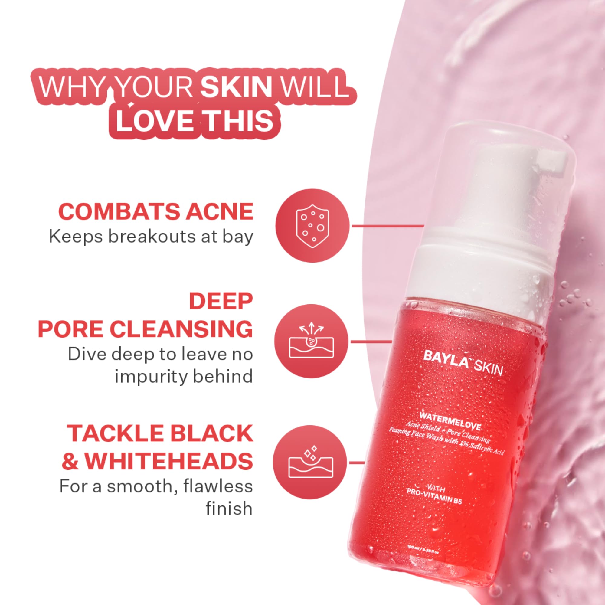 Bayla Skin Watermelon Anti-Acne Face Wash with 1% Salicylic Acid - Sulfate-Free Foaming Cleanser for Acne, Blackheads & Whiteheads - Gentle & Odorless 100ml - Perfect for Daily Skincare & Sensitive Skin