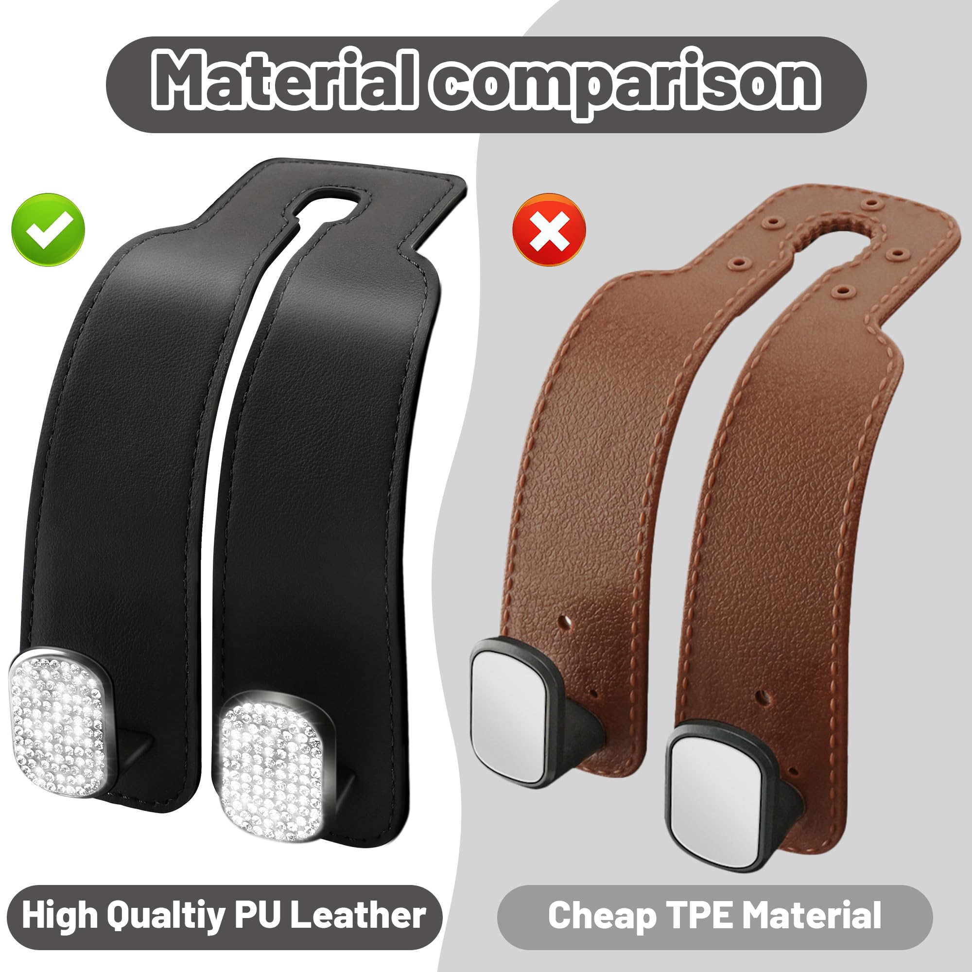 Amelity 2 Pack Black Bling Car Back Seat Headrest Hooks - Durable Purse & Bag Hangers for Car Seats - Perfect for Organizing Handbags, Groceries, and Shopping Bags While Driving