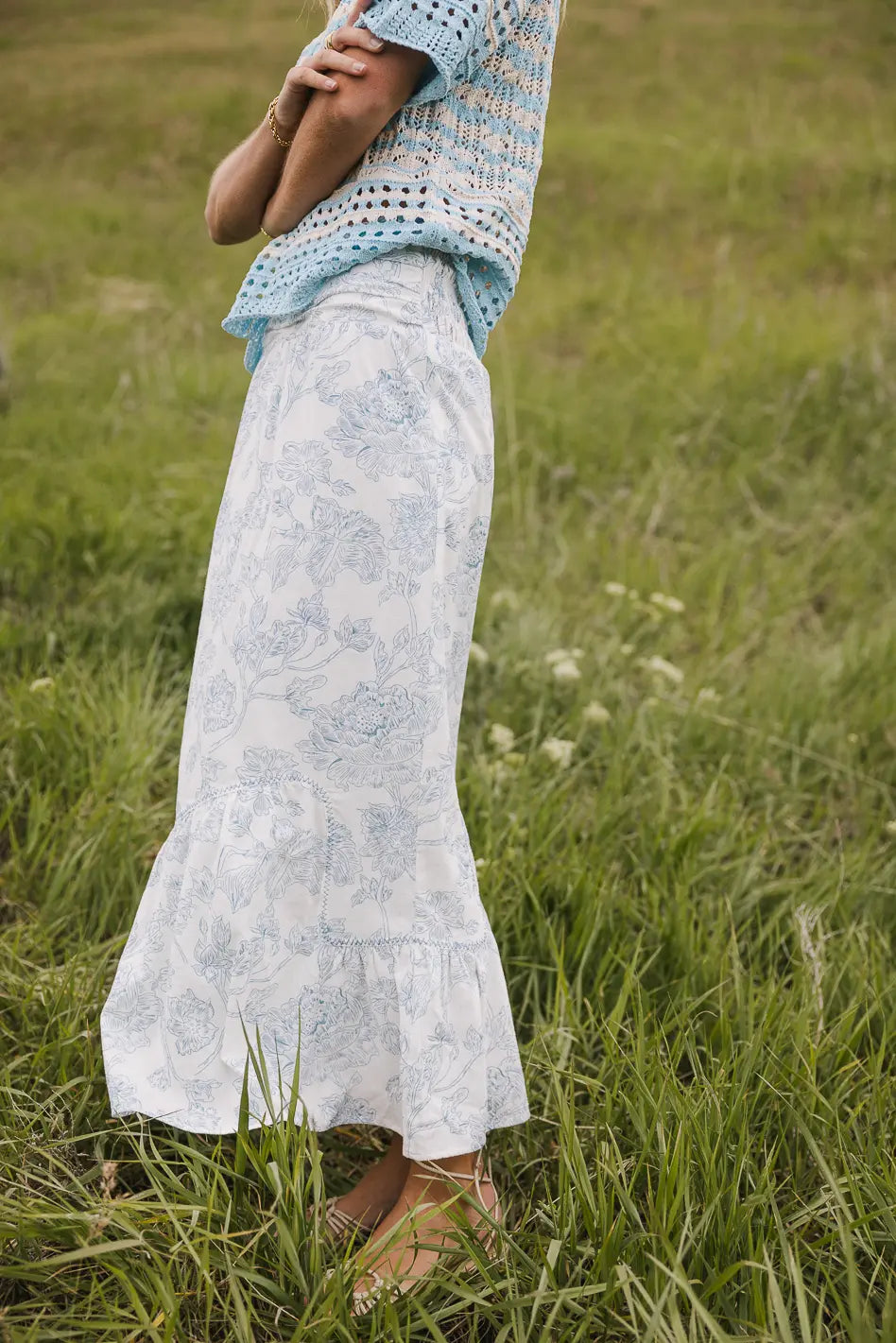 Bastien Blue Floral Skirt for Women - Elegant A-Line Midi Skirt with Pockets | Perfect for Spring, Summer, Office Wear & Casual Outings