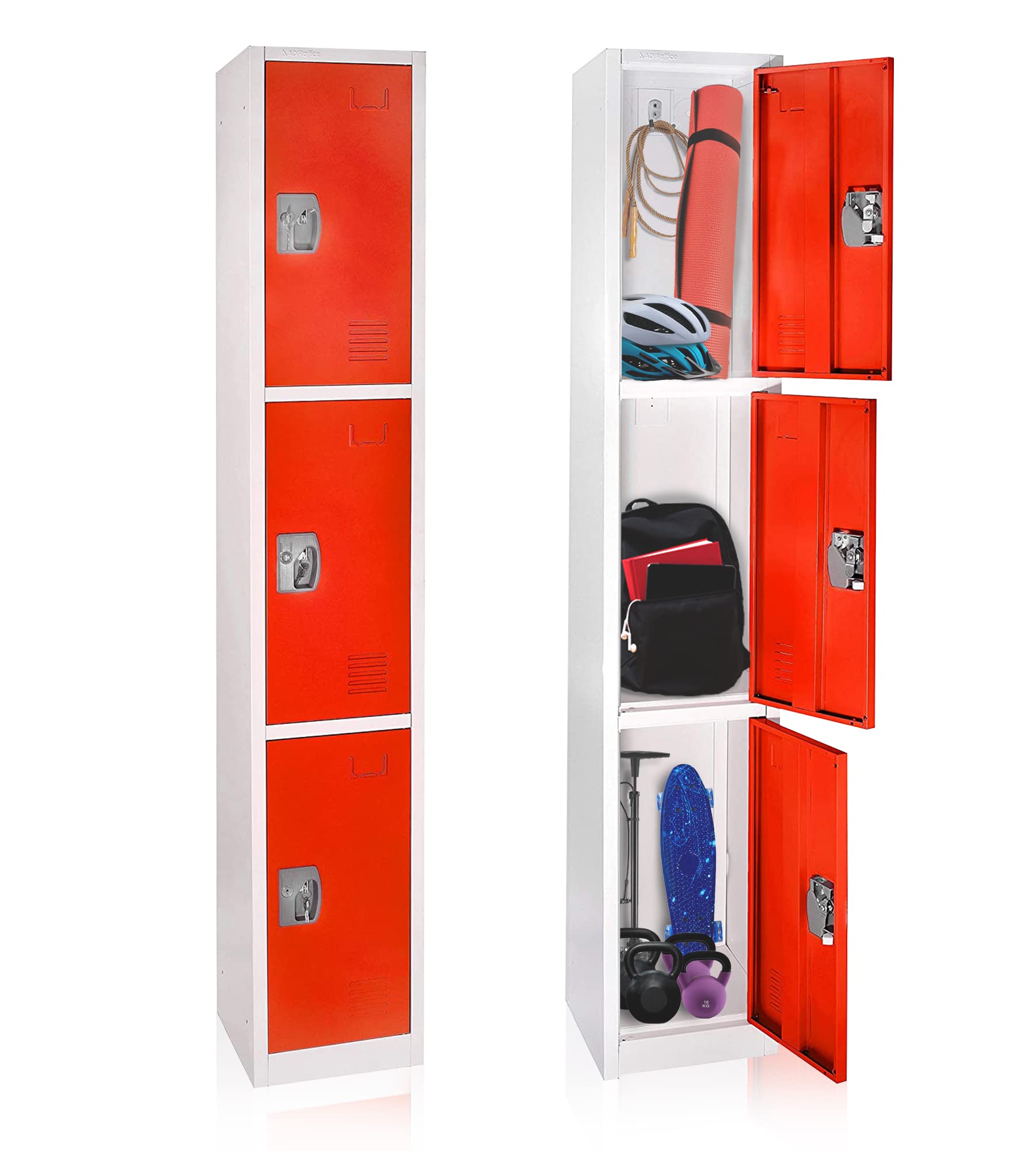 AdirOffice 3-Door Large Metal School Locker with Hooks - Heavy Duty Storage Cabinet for School, Office, Garage Organization - Red (Perfect for Backpack Storage, Sports Equipment & Work Tools)