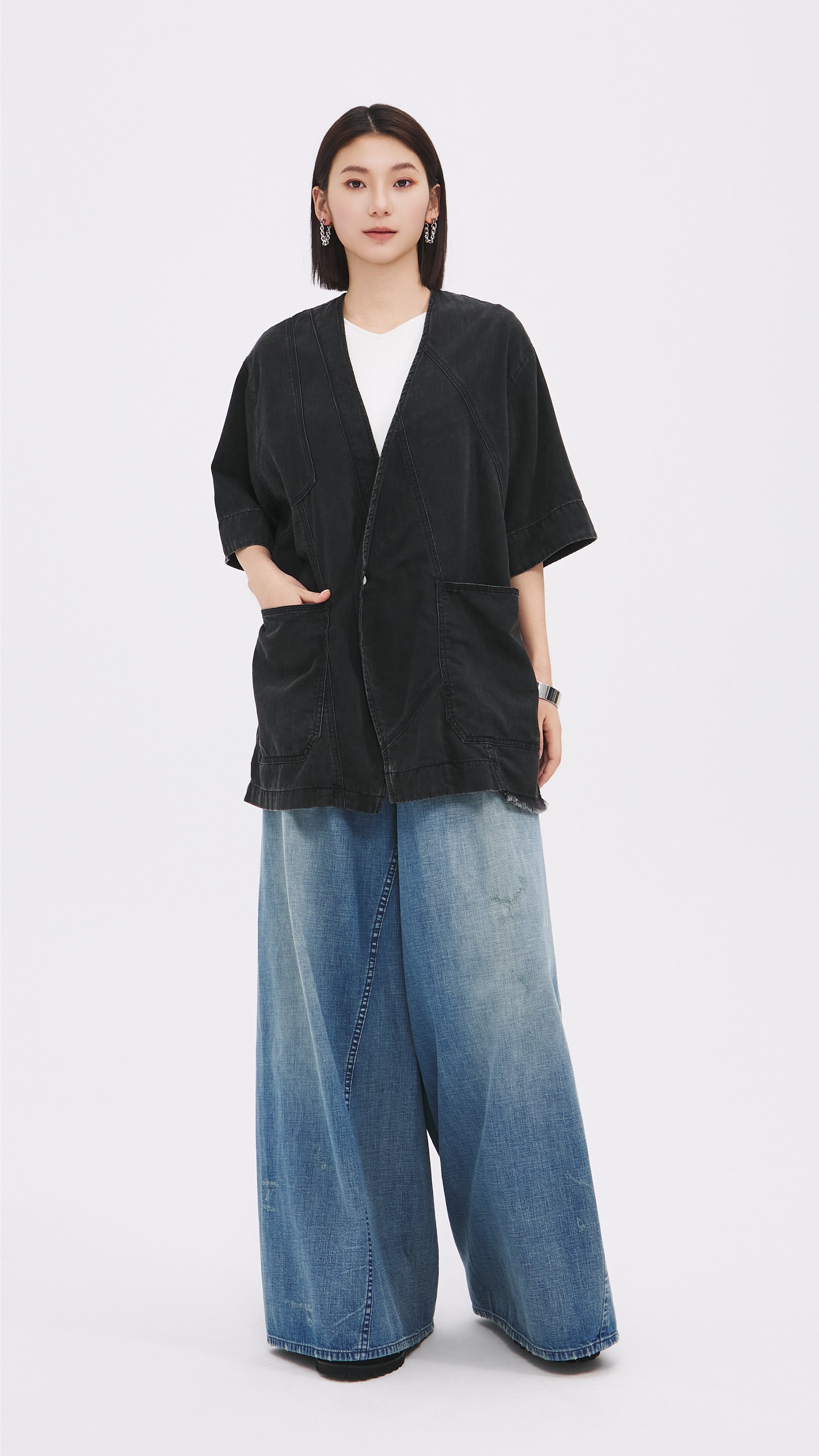 Vintage Reconstructed Denim Kimono Jacket for Women - Boho Chic Outerwear for Casual Wear, Music Festivals & Layering