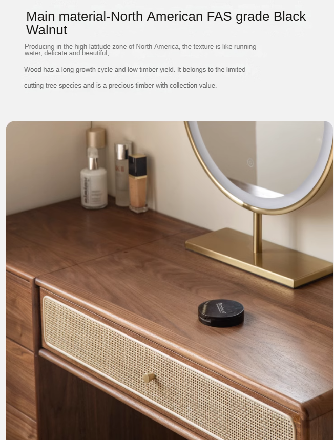 Premium Black Walnut Solid Wood Rattan Vanity Dressing Table - Elegant Makeup Desk with Mirror for Bedroom, Bathroom & Boudoir Organization