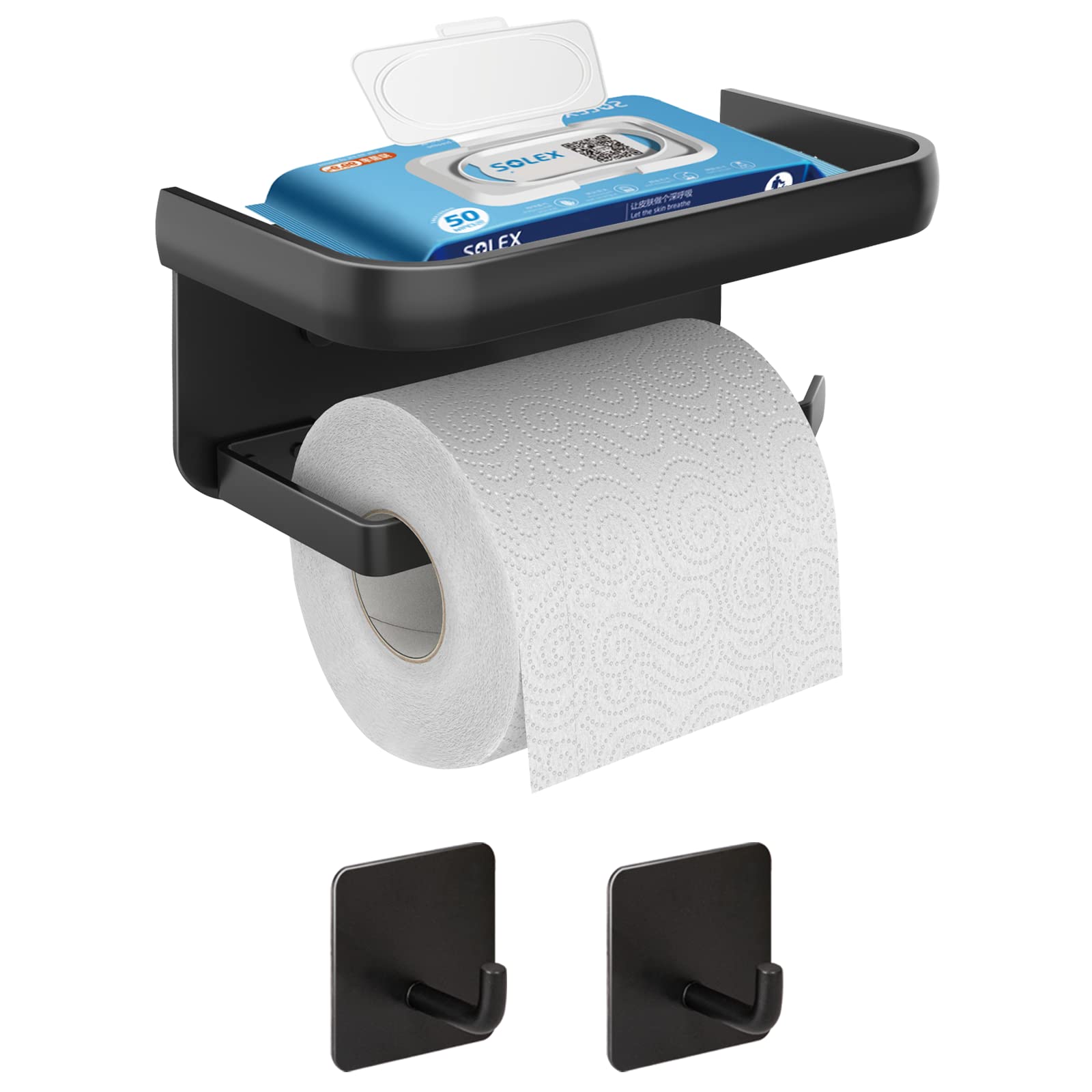 SVOPY Adhesive Toilet Paper Holder with Shelf - Stainless Steel 304, Black Wall-Mounted Bathroom Tissue Roll Holder with Screws for Secure Installation | Perfect for Small Bathrooms, Powder Rooms & RVs