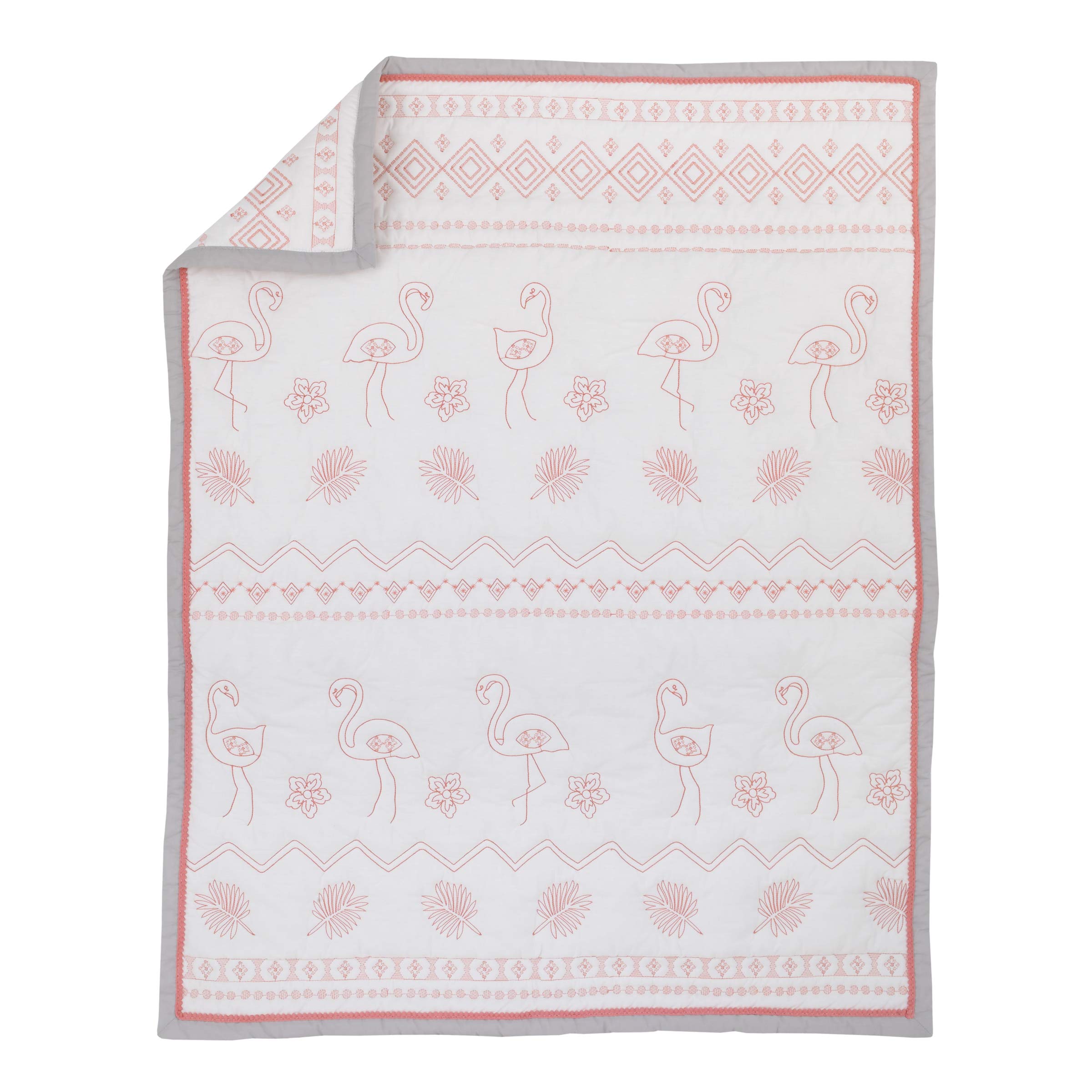 Nojo Tropical Flamingo Pink & White 100% Cotton 4-Piece Nursery Crib Bedding Set - Embroidered Quilt, Fitted Sheet, Dust Ruffle & Diaper Stacker - Soft Baby Crib Set for Girls & Boys - Perfect for Nursery Decor, Baby Shower Gift & Newborn Essentials