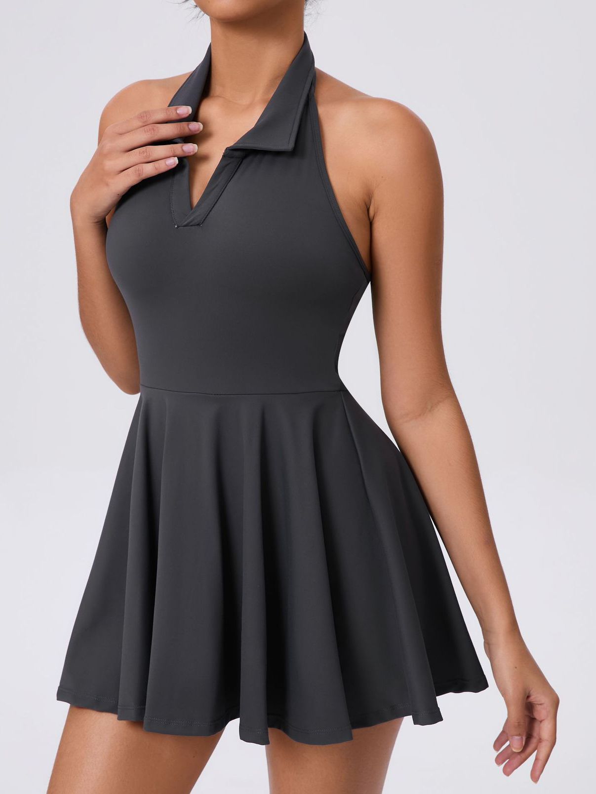 ZASUWA Women's Stand Up Collar Backless 2-in-1 Pocket Short Sleeve Dress for Summer Outfits, Beach Wear, and Casual Occasions
