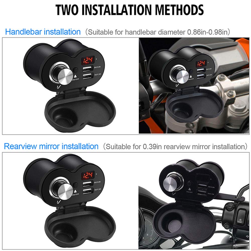 12V/24V Motorcycle USB Charger with QC 3.0 Fast Charging, Dual USB Ports & LED Voltmeter - Waterproof Black Cigarette Lighter Socket for Phone & Devices - Perfect for Long Rides, Road Trips & Outdoor Adventures