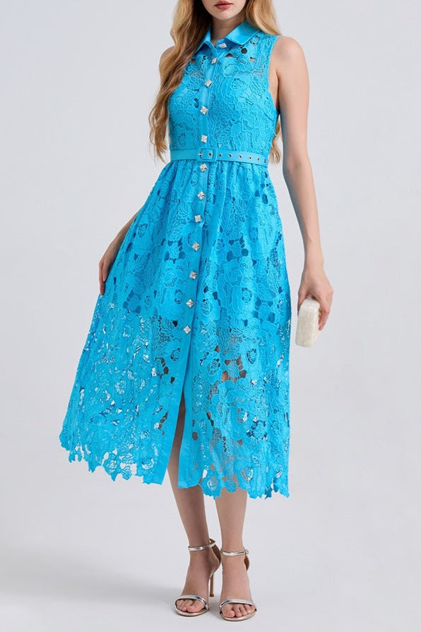 Blue Sleeveless High Waist Slim Dress with Collar - Perfect for Summer Outings, Beach Vacations & Casual Date Nights