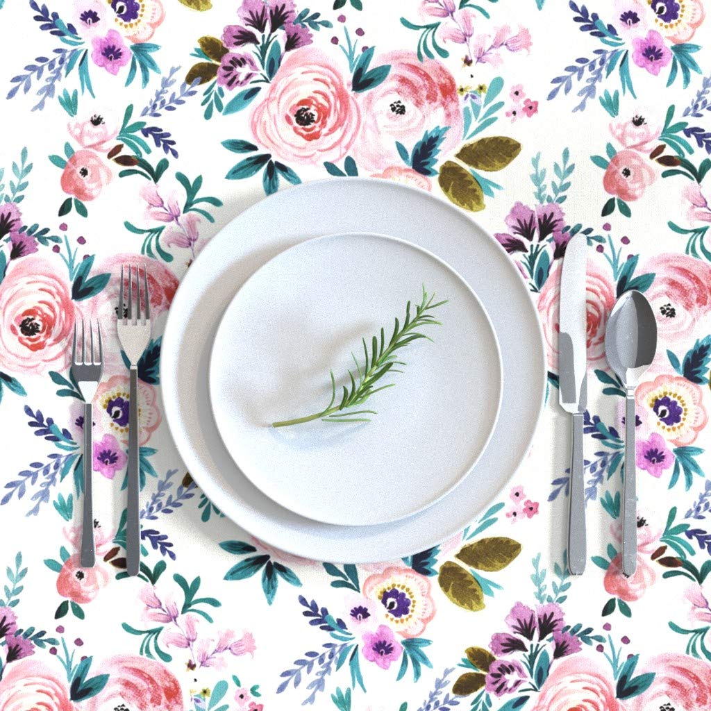 Custom Floral Romantic Roses Watercolor Print Cotton Sateen Tablecloth 70