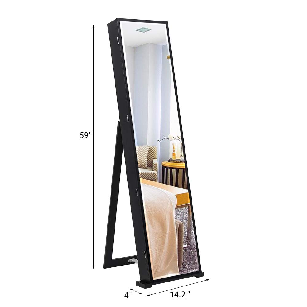 Savins GT1-DL 79 Blue LED Jewelry Cabinet with Long Mirror - Upright Jewelry Storage Organizer for Necklaces, Rings & Bracelets - Perfect for Bedroom, Closet or Dressing Room (Black)