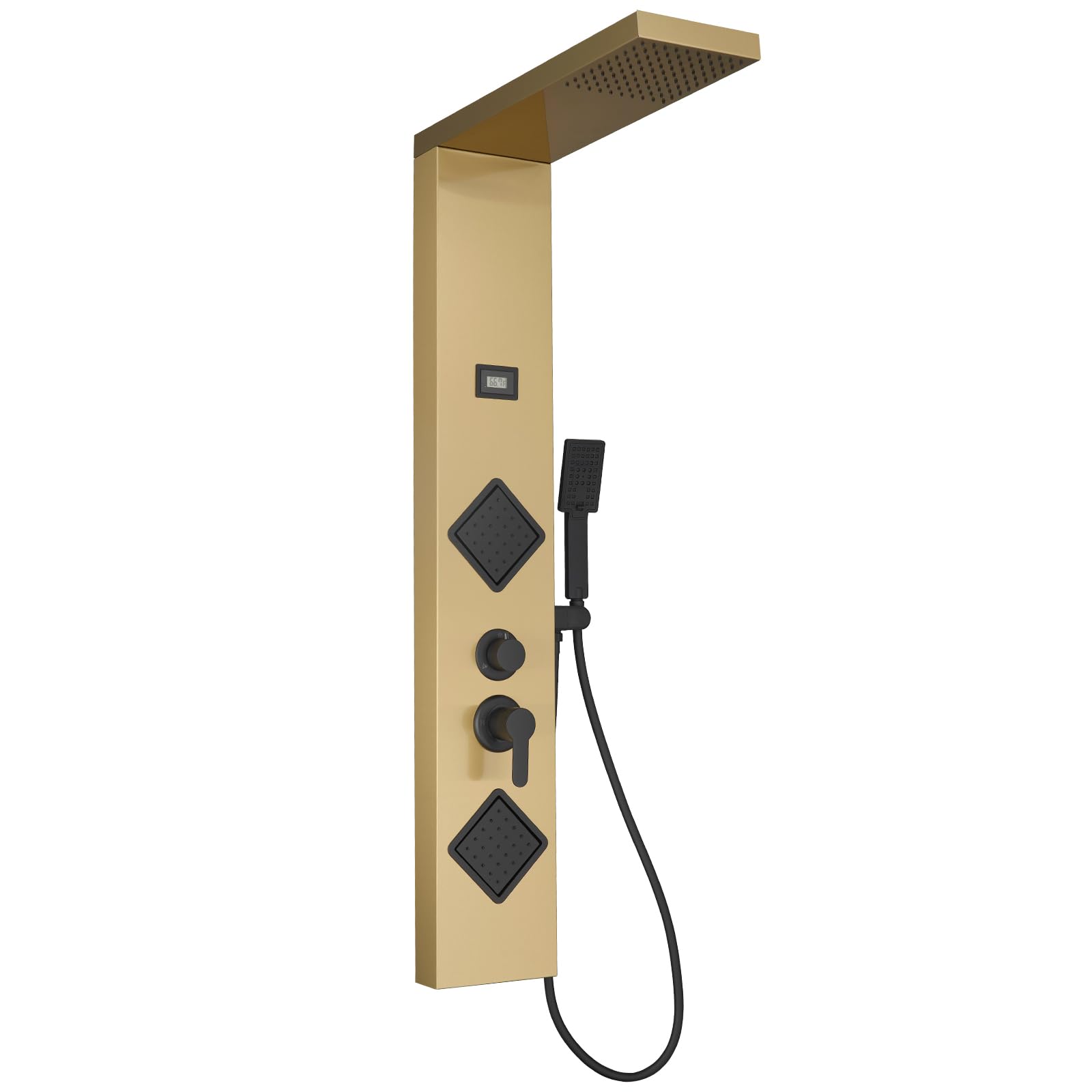Brushed Gold Shower Panel System with Massage Body Jets - Adjustable Stainless Steel Stand Shower Column Wall Mount - Luxury Bathroom Upgrade for Spa-Like Experience