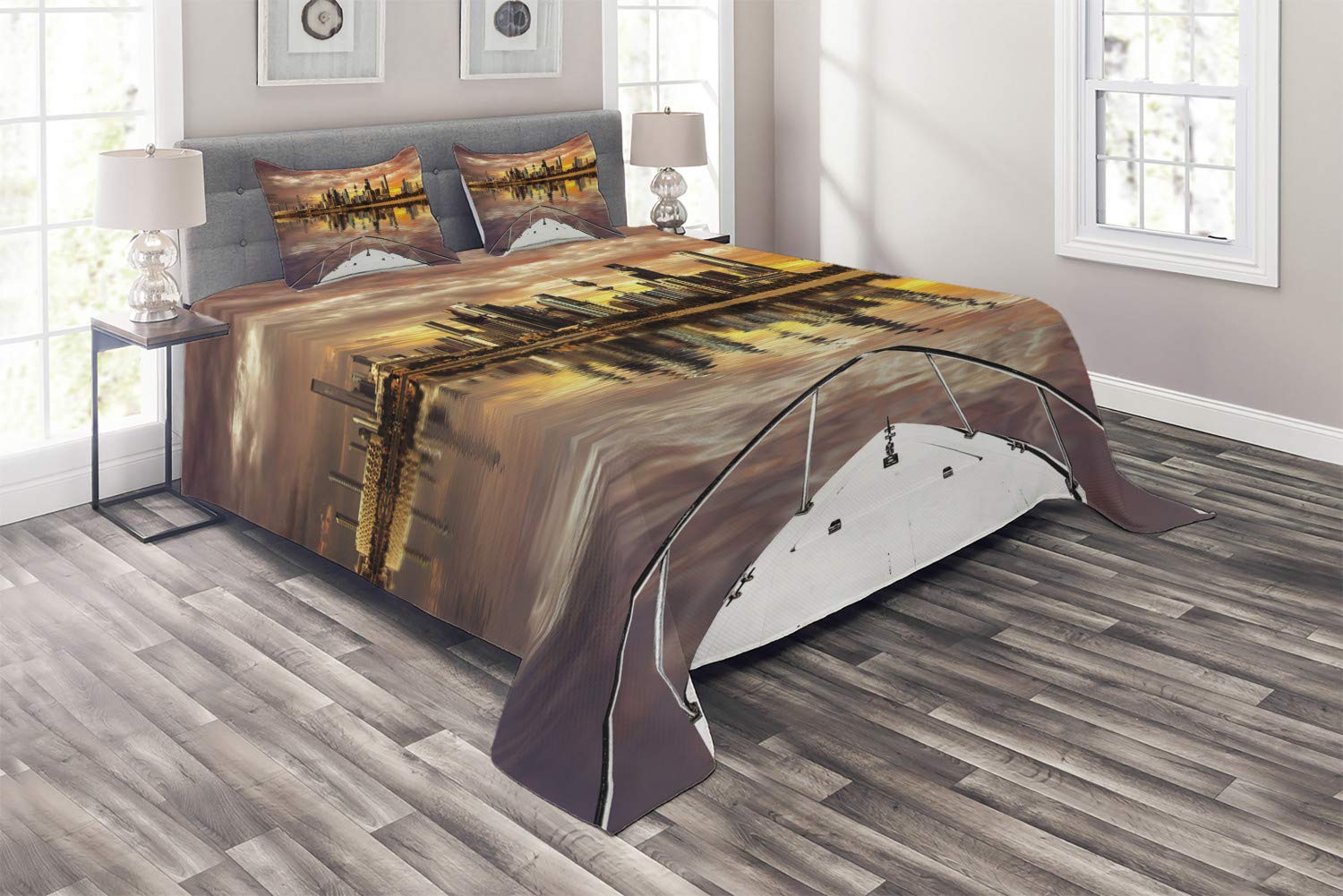 Ambesonne 3-Piece Queen Size Quilted Bedspread Set with 2 Pillow Shams - Kuwait City Skyline Sailboat Photo Design, Multicolor Decorative Coverlet for Travel & Home Decor | Perfect for Guest Rooms, Vacation Homes & Cozy Bedroom Makeovers