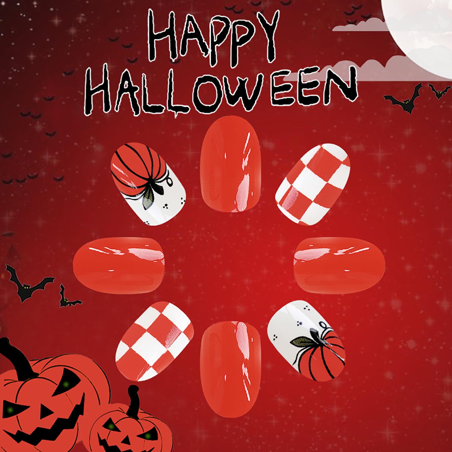 24Pcs Halloween Press on Nails Short Square - Red & White Pumpkin Design Acrylic Fake Nails for Women | Glossy Full Cover Artificial Nails | Perfect for Halloween Parties, Cosplay & Daily Wear
