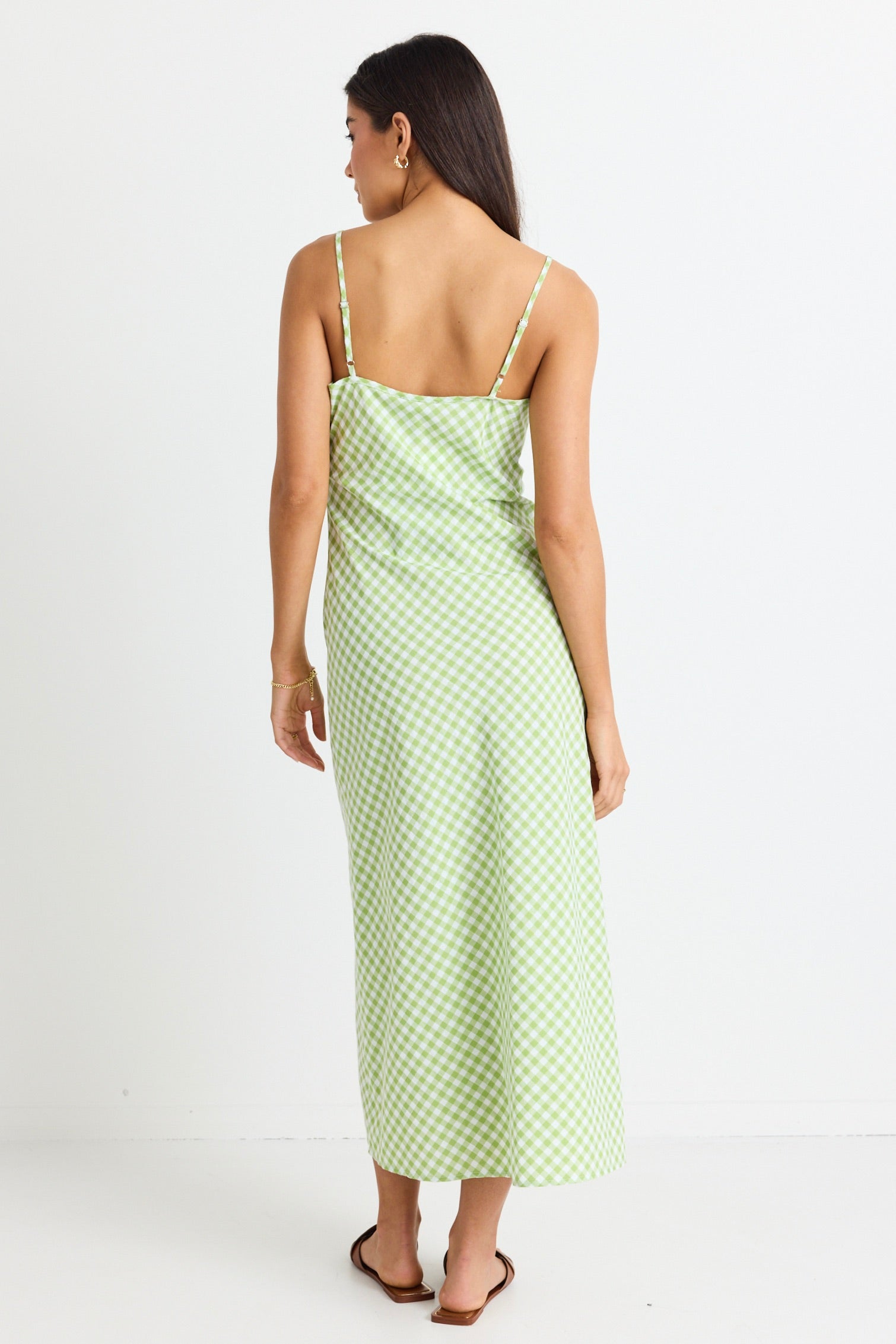 Golden Hour Green Gingham Bias Slip Dress - Women's Summer Flowy Midi Dress for Beach, Wedding & Date Night