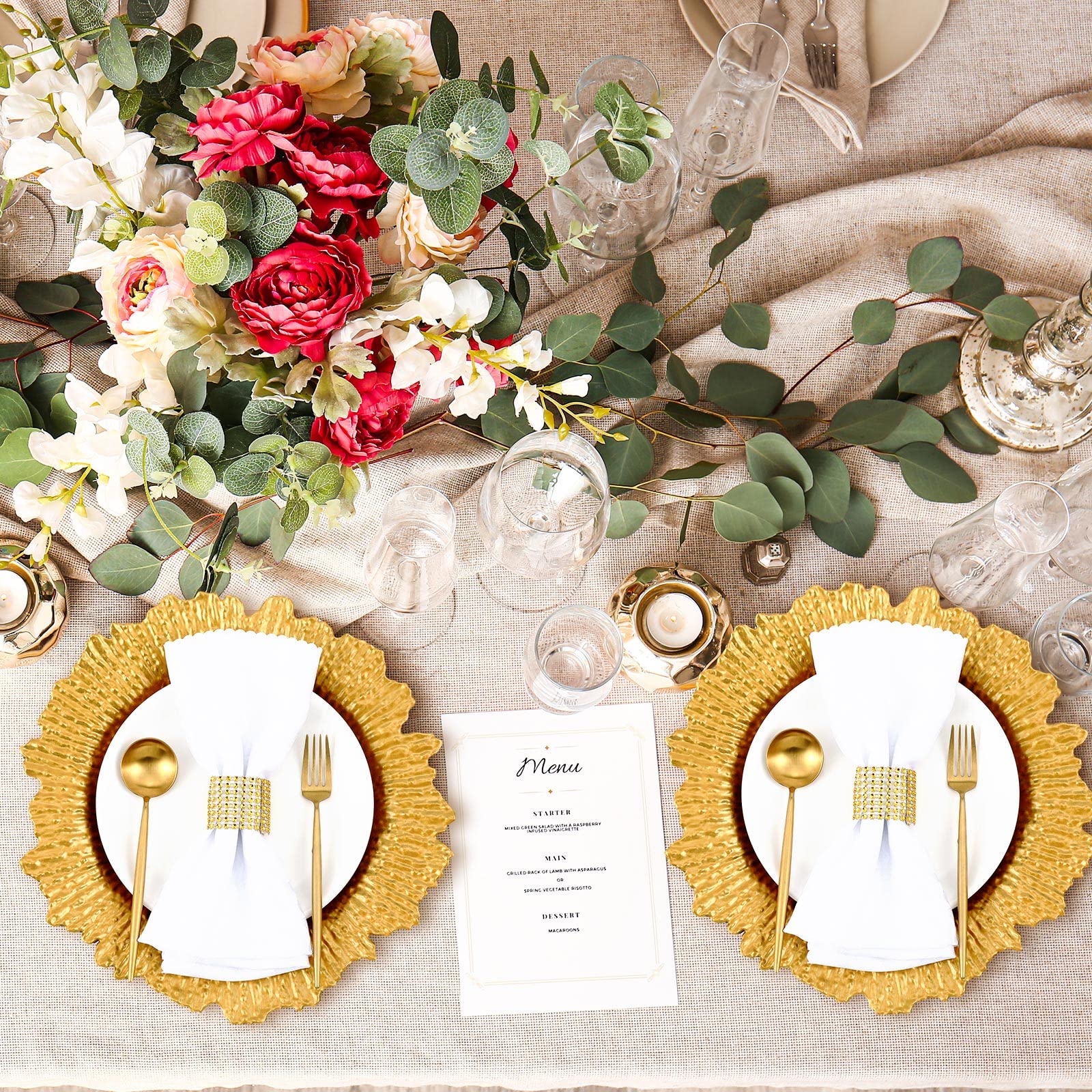 50 Pcs 13 Inch Gold Plastic Wedding Charger Plates - Floral Reef Design with Ruffled Rim - Elegant Decorative Dinner Plates for Wedding, Party & Event Table Settings - Perfect for Banquets, Bridal Showers & Formal Dining Decorations