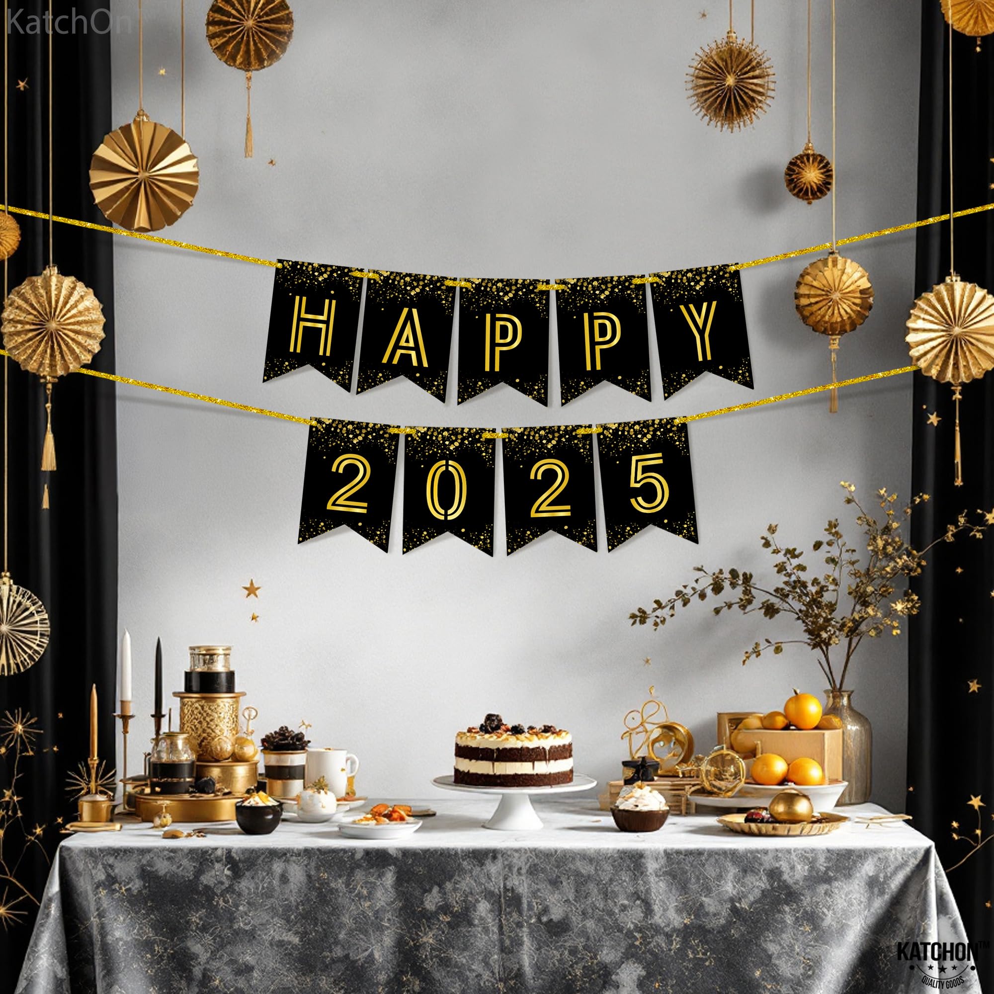 Katchon 10 Feet Shiny Graduation Banner 2025 - Black Gold Large Graduation Sign for Class of 2025 Decorations | No DIY | Perfect for Graduation Parties, School Events & Photo Backdrops