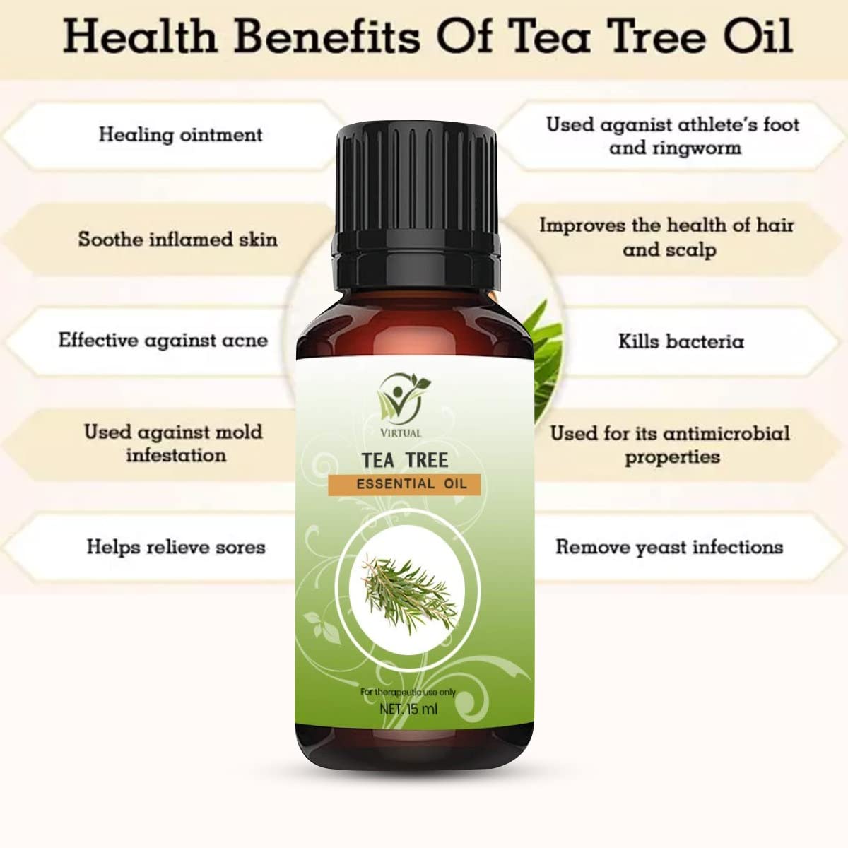 VIRTUAL 100% Pure Tea Tree Essential Oil for Acne Treatment, Pimple & Scar Removal, Skin & Hair Care - 15ml | Natural Anti-Dandruff Solution for Face & Scalp | Perfect for Aromatherapy, DIY Beauty Products & Home Remedies