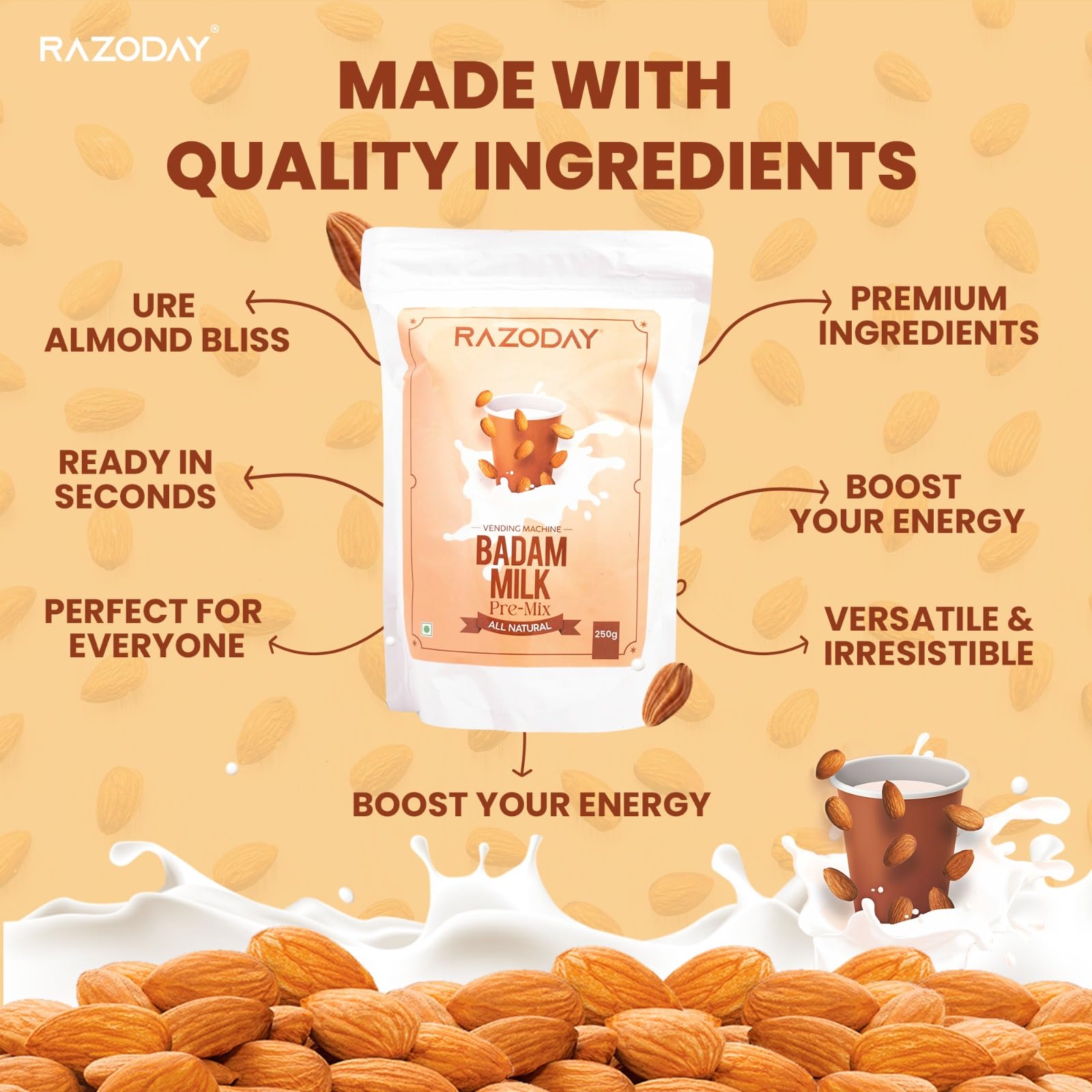 Razoday Instant Almond Powder (250g) | Natural Almond Milk Mix for Kids & Adults | Handpicked Premium Almond Powder | Healthy Drink Mix for Shakes, Smoothies & Desserts | Perfect for Breakfast, Snacks & Post-Workout Nutrition