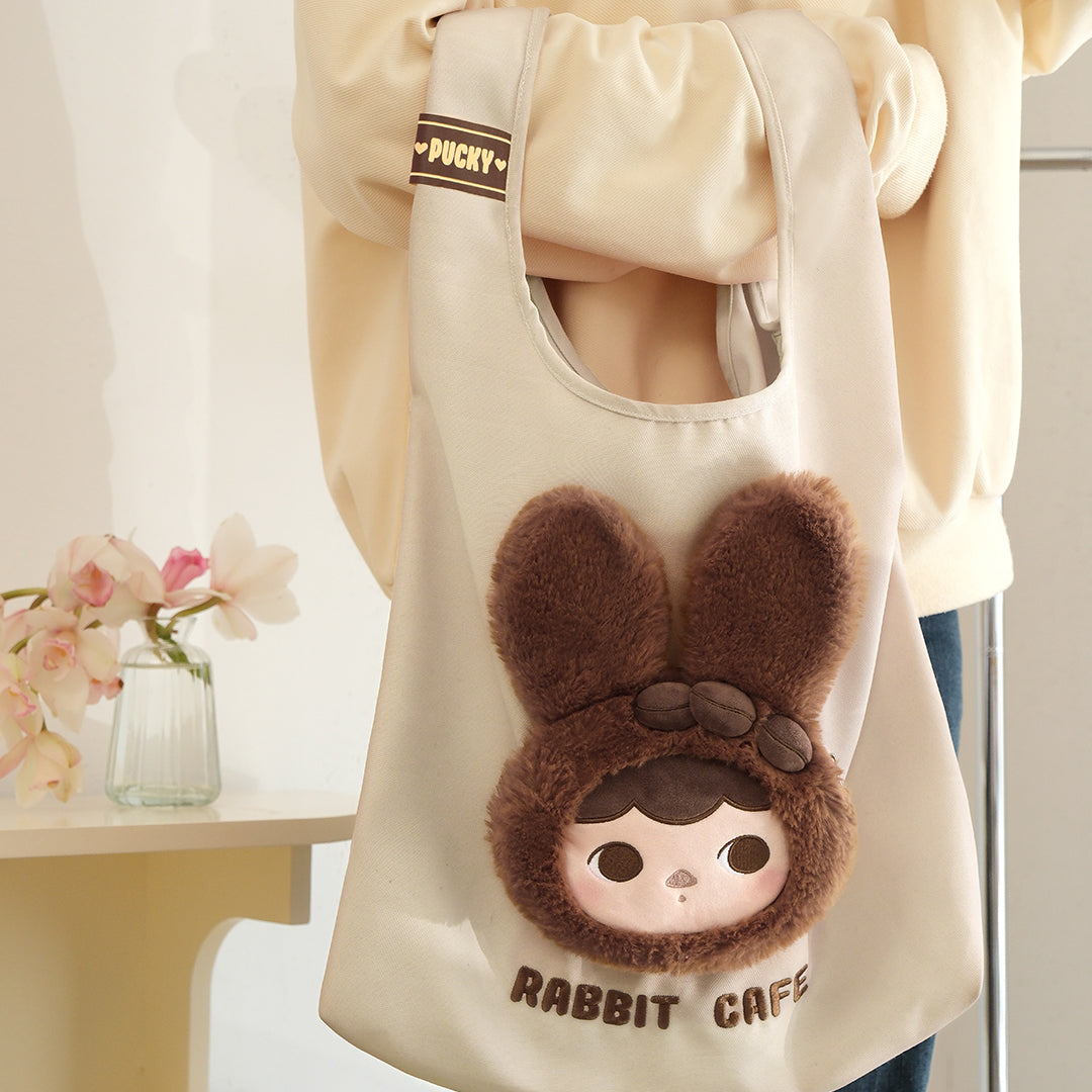 POP MART Pucky Rabbit Cafe Series Tote Bag - Cute Bunny Design Canvas Shoulder Bag for Women, Girls - Perfect for Shopping, Beach, Travel & Daily Use