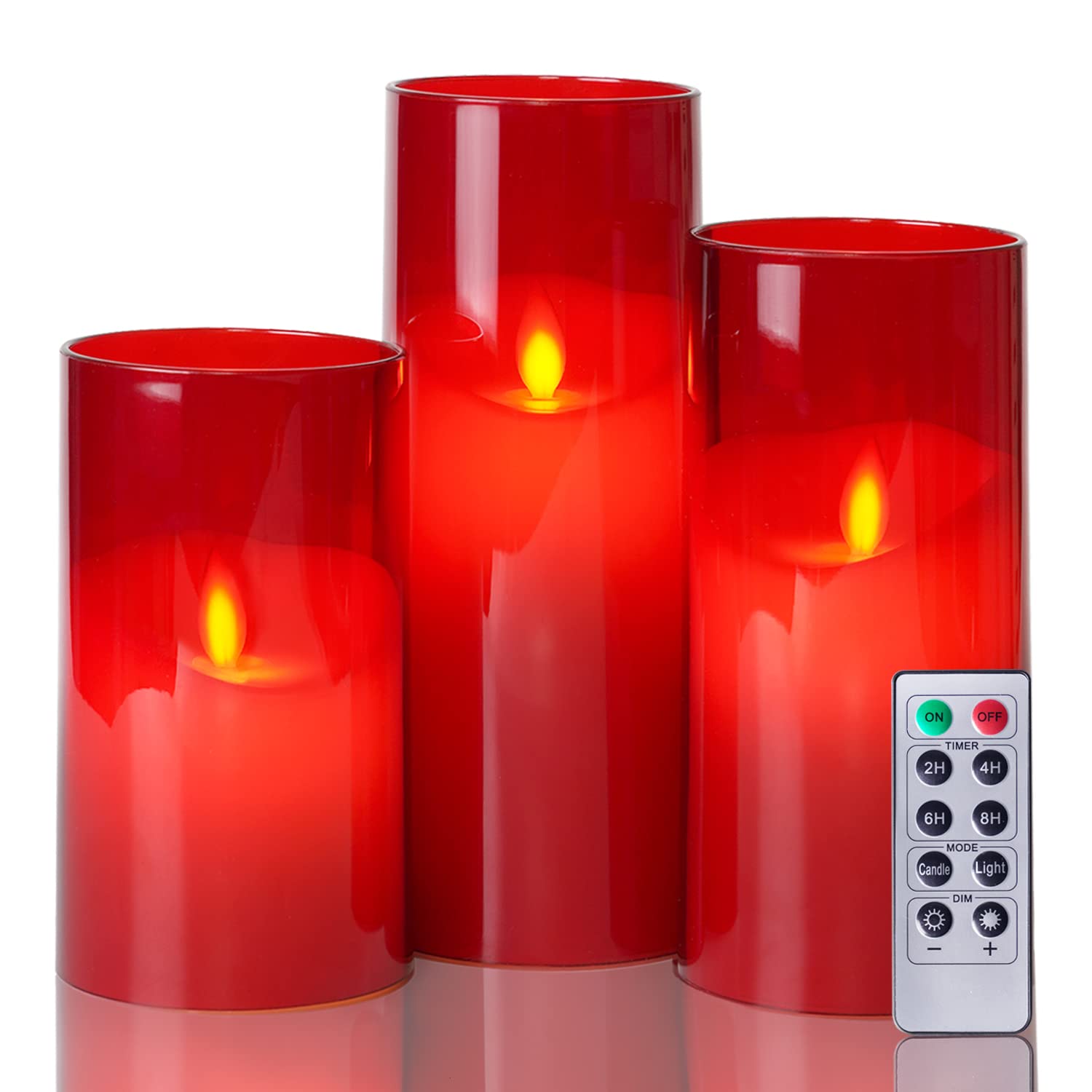 5-Pack 3”x 567” Red Flameless LED Candles with Remote & Timer - Battery Operated Pillar Candles for Home Decor, Wedding, Christmas - Shatterproof Glass, Realistic Flickering Effect - Perfect for Centerpieces, Fireplace, Romantic Dinner