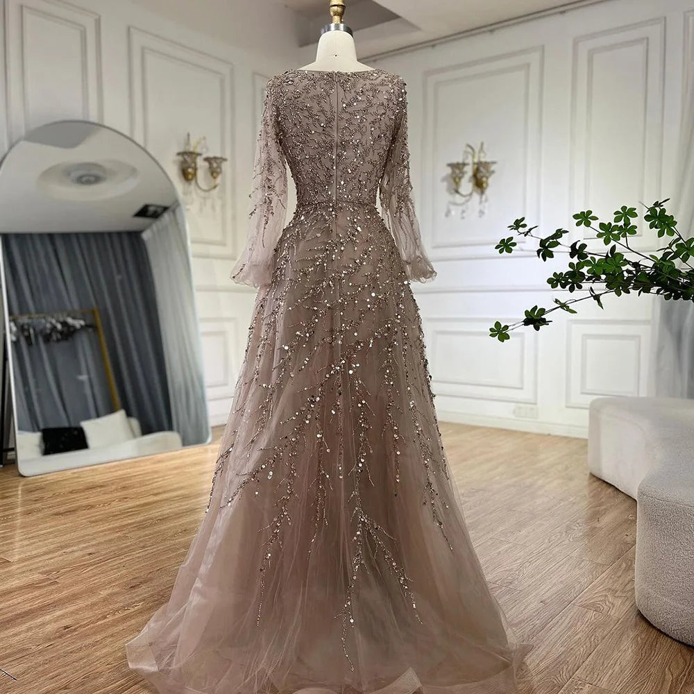 Luxury Muslim Caramel A-Line Beaded Dubai Evening Gown for Women - Elegant Long Dress for Weddings, Parties & Special Occasions - Serene Hill LA71653A - Perfect for Formal Events, Galas & Evening Celebrations