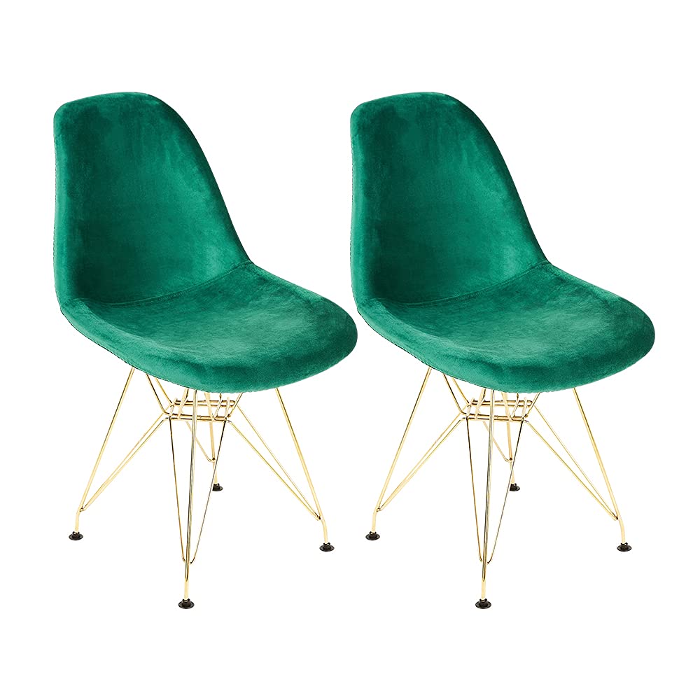 Mid Century Velvet Dining Chairs Set of 2 - Green Upholstered Kitchen Chairs with Metal Legs for Dining Room, Living Room & Bedroom - Elegant Guest Seating for Home Decor