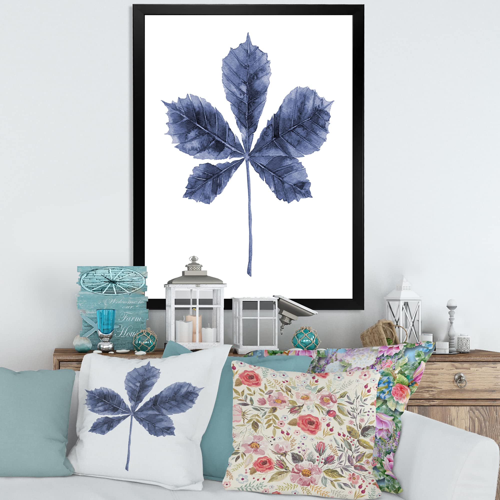 DesignQ Navy Blue Chestnut Leaf Traditional Framed Wall Art - Elegant Home Decor for Living Room, Bedroom & Office - Perfect Gift for Housewarming & Holidays