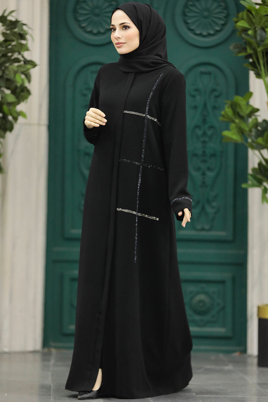 Aziza Long Black Abaya with Side Pockets & Elegant Details - Modest Islamic Dress for Women | Perfect for Prayer, Mosque & Special Occasions