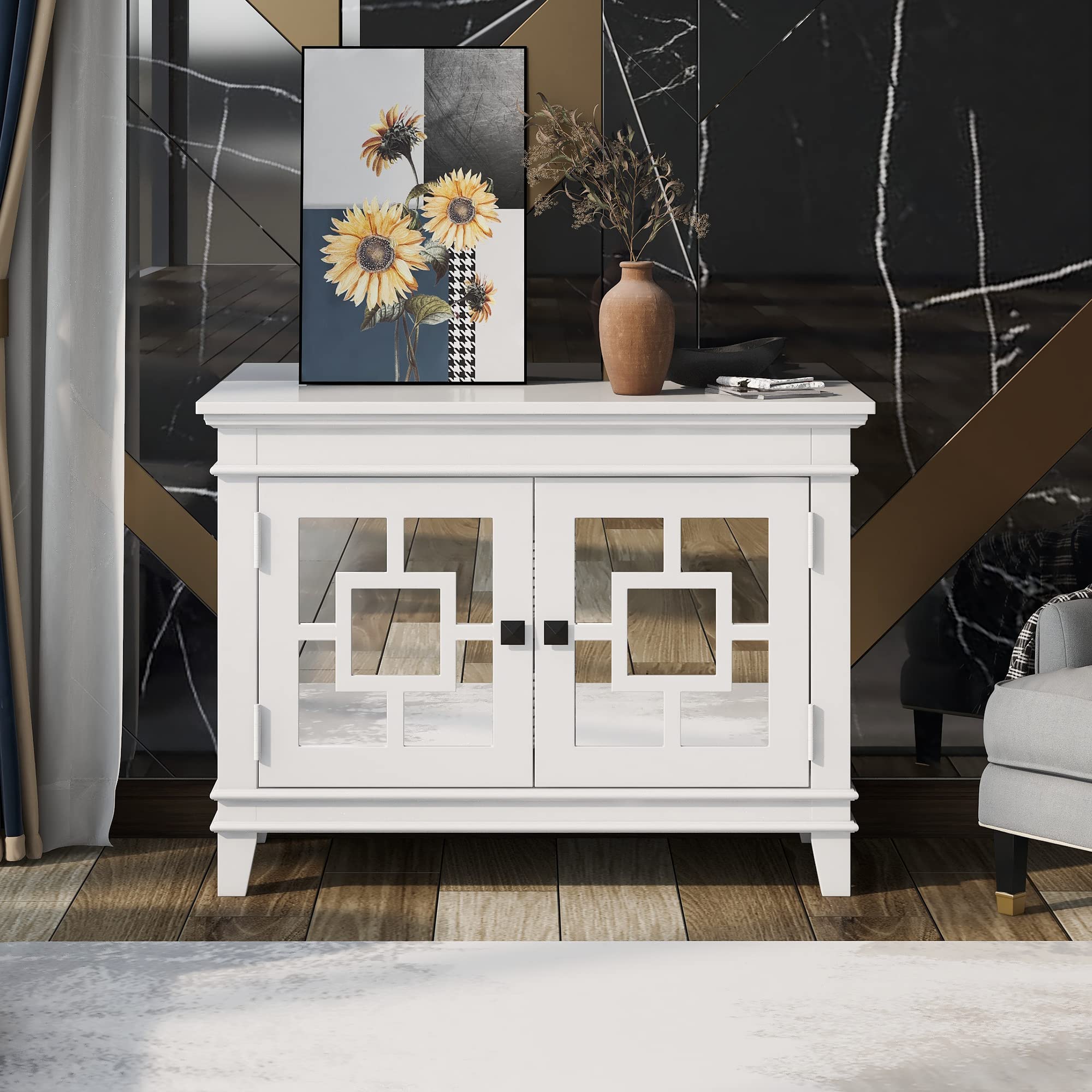 Modern White Wooden Accent Storage Cabinet with Decorative Mirror Door - Entryway Console, Living Room Sideboard, Bedroom Organizer - Perfect for Home Decor & Storage Solutions