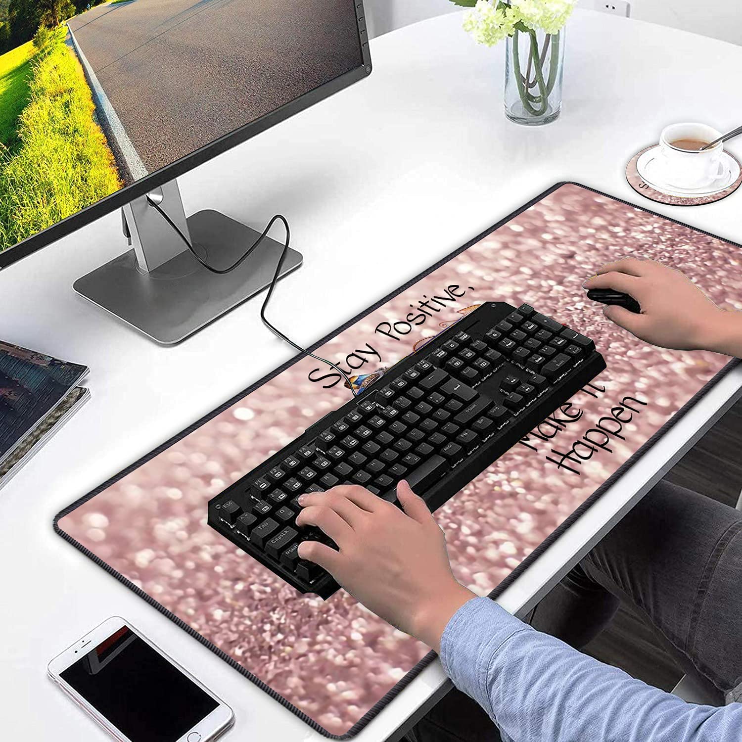 Large Extended Gaming Mouse Pad with Non-Slip Rubber Base - XXL Keyboard & Mouse Mat for PC, Laptop, Office & Study | Includes Bonus Cup Coaster | Rose Gold Design | Perfect for Gamers, Work & Home Office Setup