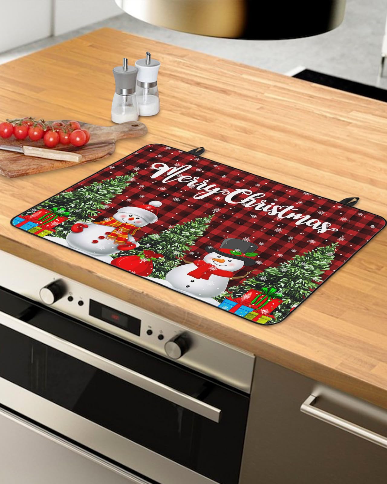 Electric Stove Cover - Heat Resistant Rubber Mat with Christmas Snowman & Xmas Tree Design, Buffalo Plaid Red Black Foldable Cooktop Protector for Glass Top Stoves, 28.5