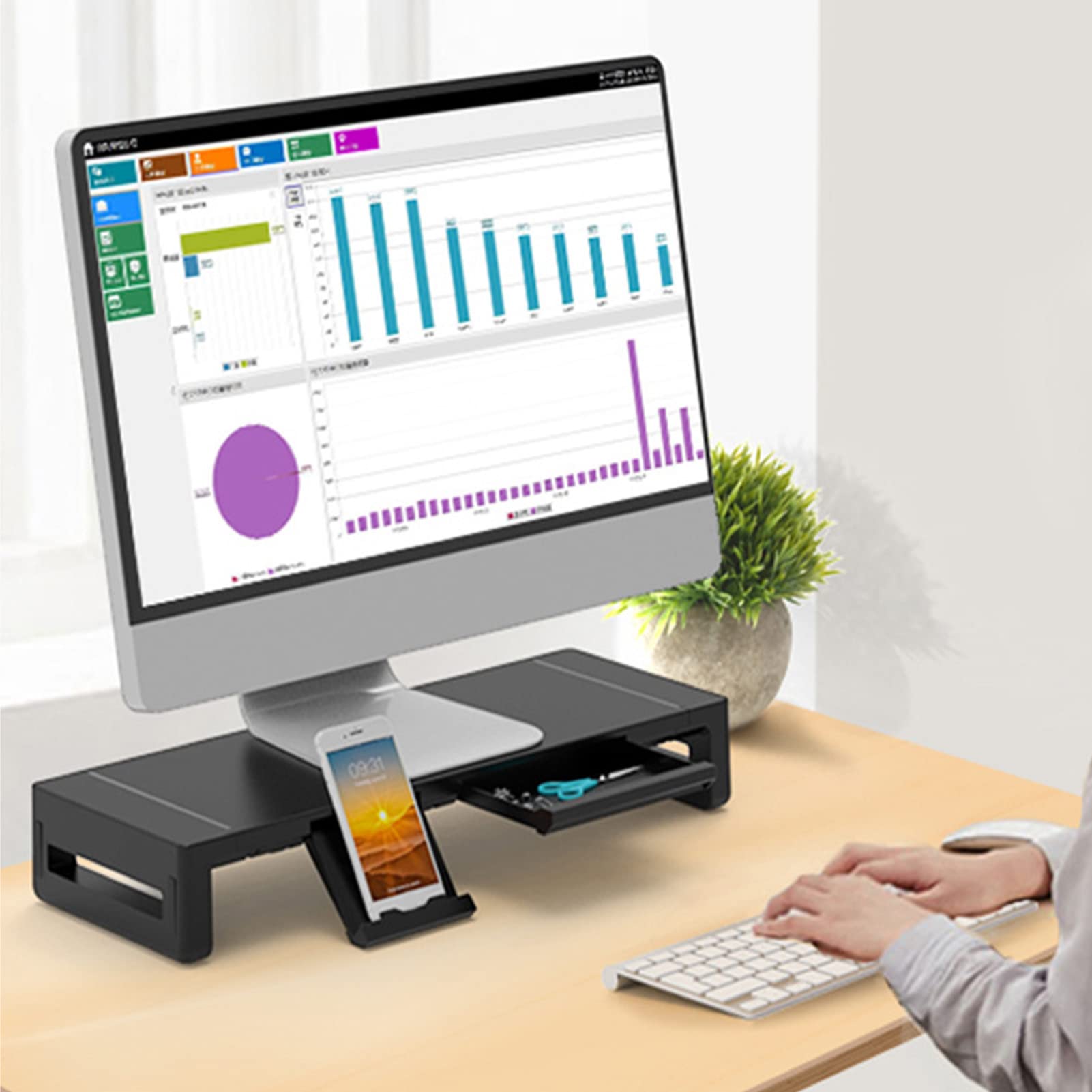 Akozon Adjustable RGB Monitor Stand Riser with USB 3.0 Charging, Foldable Desktop Organizer with Storage Box & Phone Holder for PC, Laptop, and Computer - Perfect for Home Office and Gaming Setups
