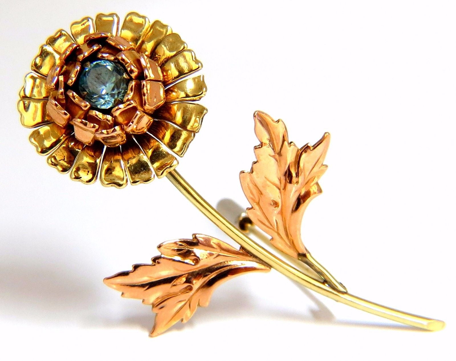 1.75ct Natural Indigo Zircon Vintage Flower Brooch Pin in 14K Gold - Elegant 3D Floral Jewelry for Weddings, Parties & Special Occasions