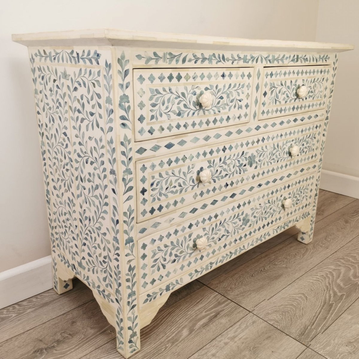 Handmade Bone Inlay Dresser with Floral White & Blue Design - 4 Drawer Storage Chest for Bedroom, Living Room, or Entryway Organization