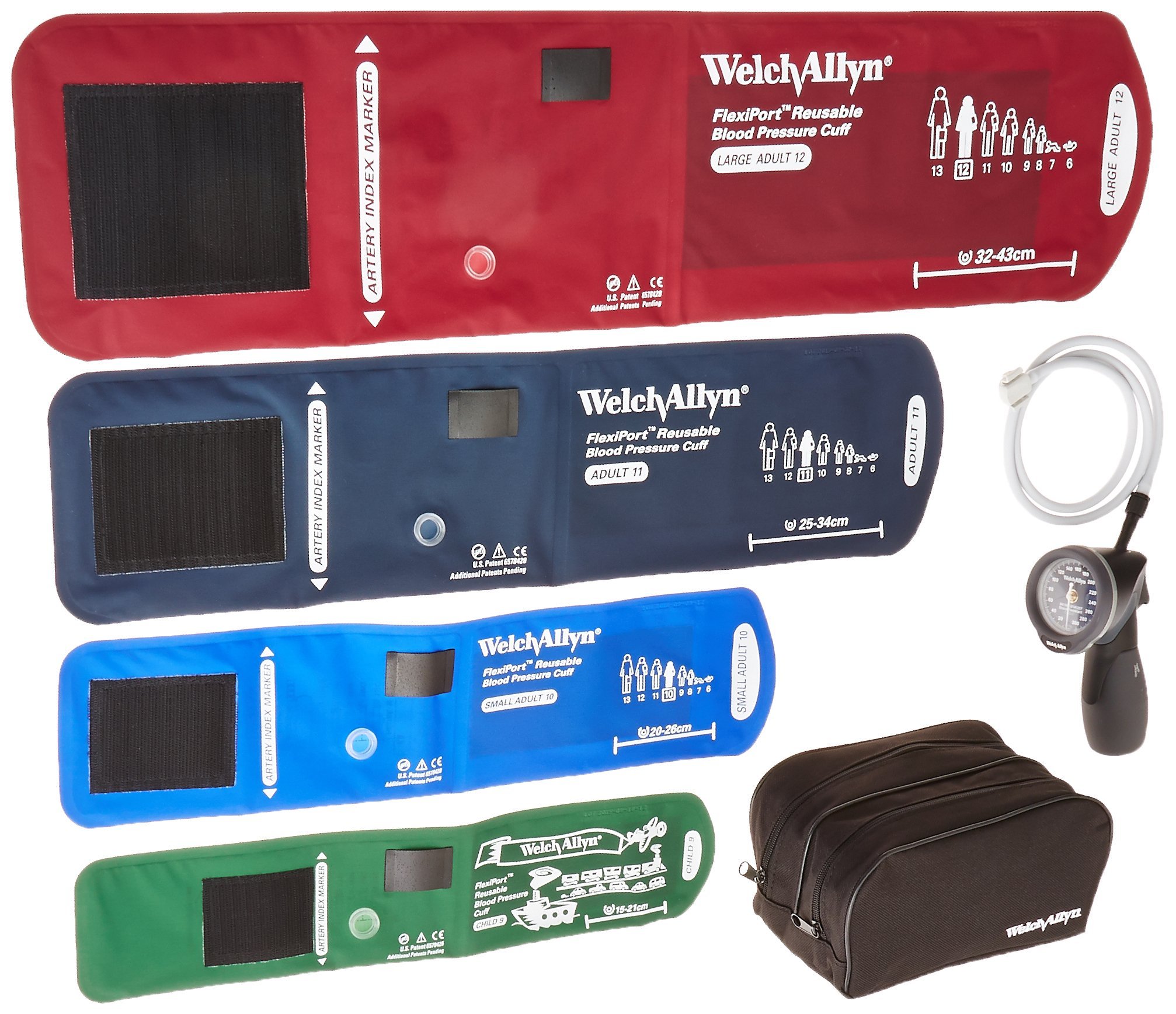 Welch Allyn 5098-30 Blood Pressure Cuff Kit - FlexiPort One-Piece Child, Small & Large Adult Cuffs with Zipper Case | Home & Clinic Use for Accurate Blood Pressure Monitoring