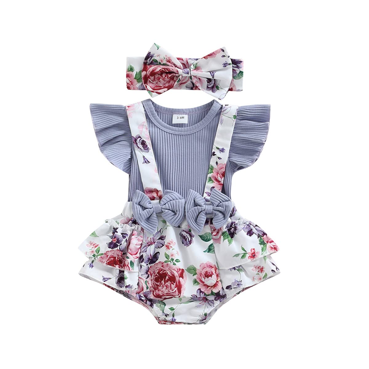 Newborn Baby Girl Floral Suspenders Romper Jumpsuit - Ruffled Sleeveless Onesie Dress Outfit with Headband for Summer | Perfect for Photoshoots, Parties & Outdoor Play