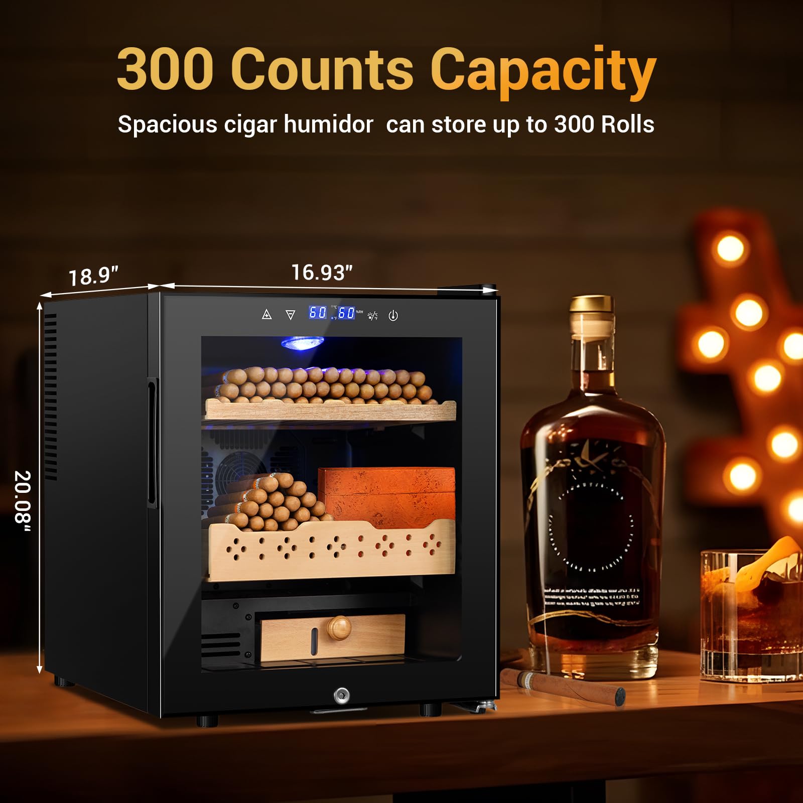 50L Electric Humidor for Cigars - 300 Count Large Capacity Thermostatic Desktop Humidor Cabinet with Digital LED Display, Safety Lock & Smart Humidity/Temperature Control - Perfect for Home, Office or as Gifts for Men (Cigar Enthusiasts, Collectors)