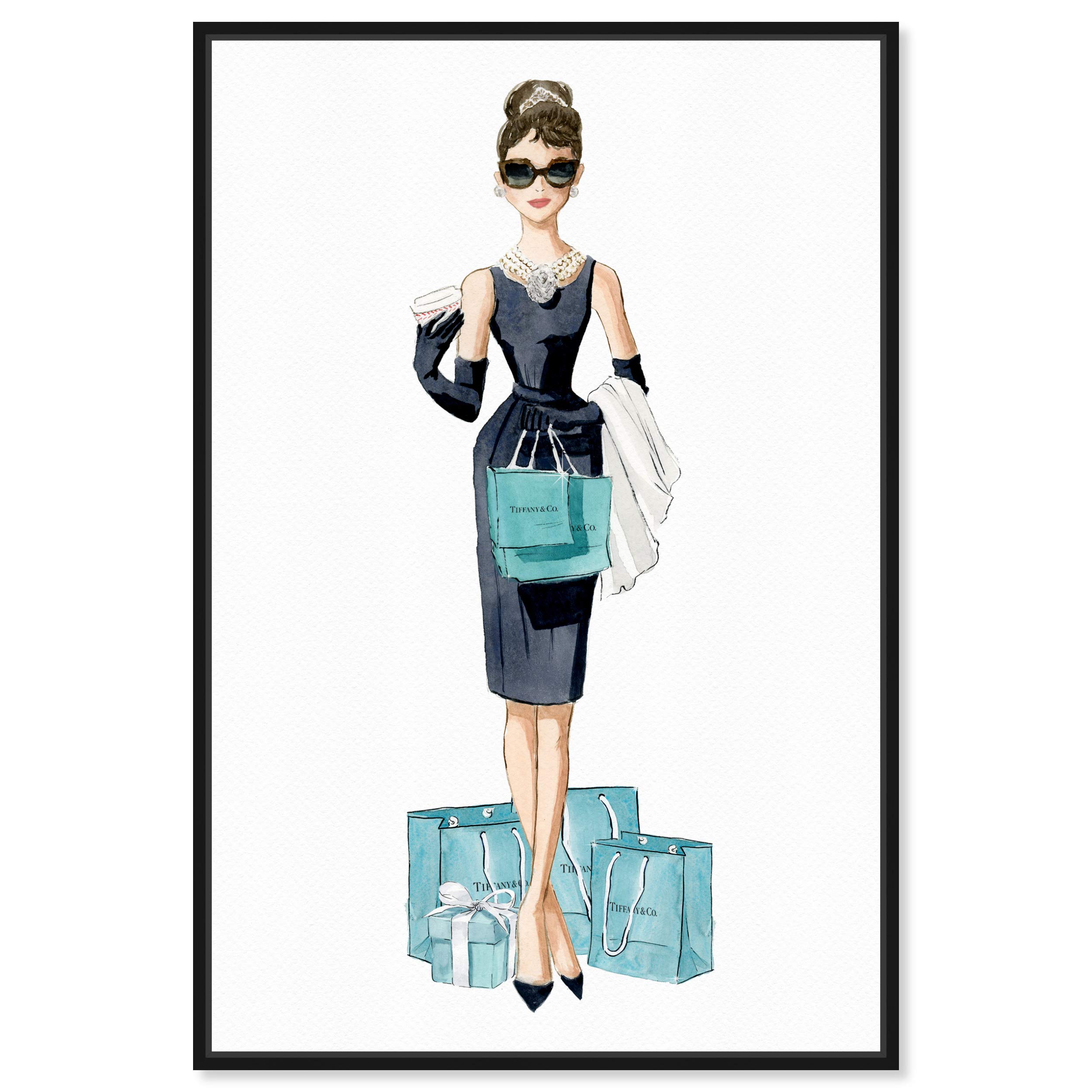 Oliver Gal Artist Co. 'Diamond Breakfast Shopping' Framed Wall Art Canvas Print - 20x30 Inches Blue & Black - Celebrity Portrait Home Decor for Living Room, Bedroom & Office