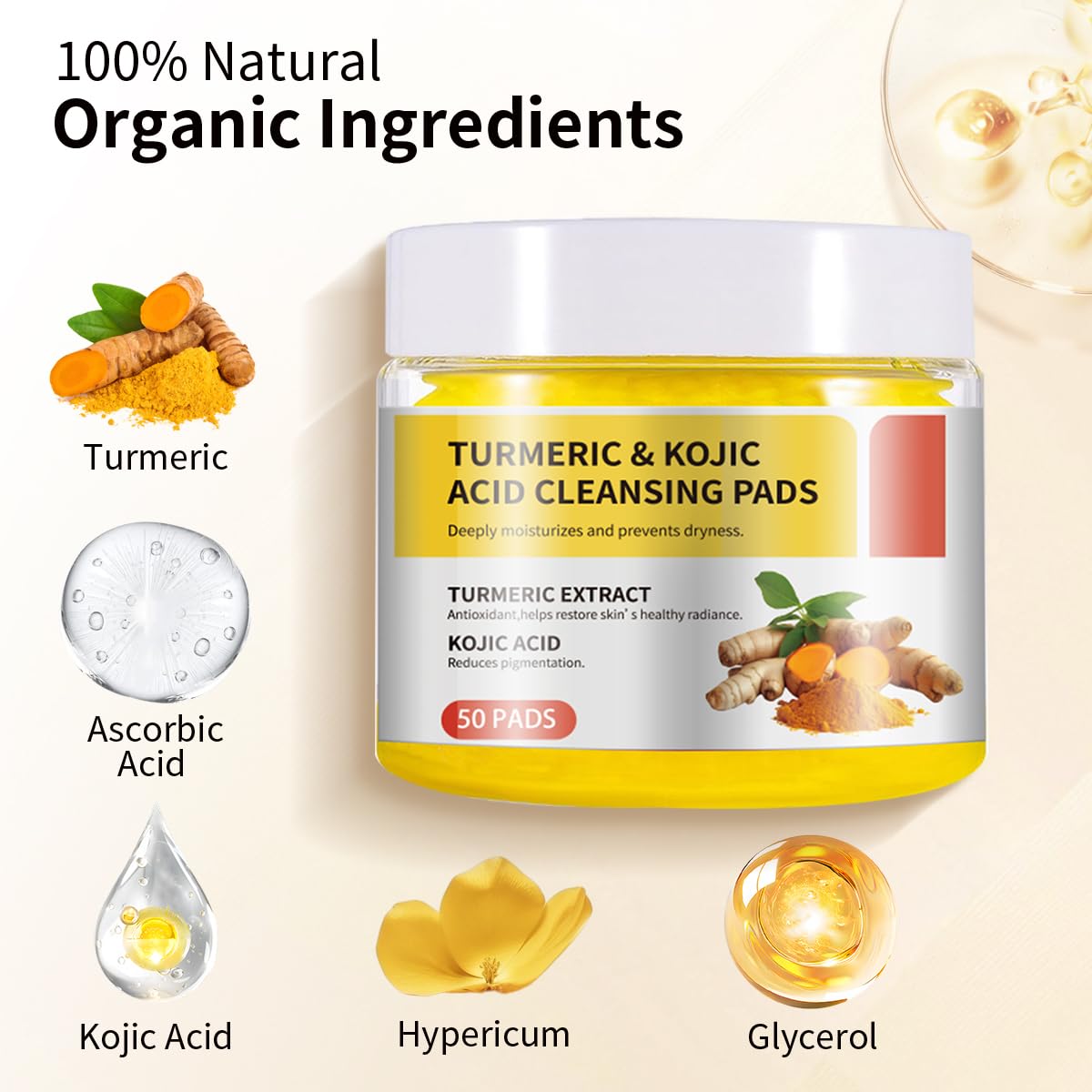 Turmeric & Kojic Acid Cleansing Pads for Dark Spots - Brightening Face Scrub Pads with Natural Ingredients for Acne & Hyperpigmentation | Daily Skincare Routine for Glowing Complexion
