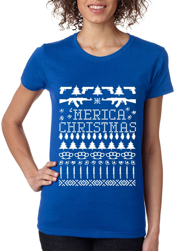 ALLNTRENDS Women's Patriotic 'Merica Ugly Christmas Sweater T-Shirt - Funny American Flag Graphic Tee for Holiday Parties & Festive Gatherings
