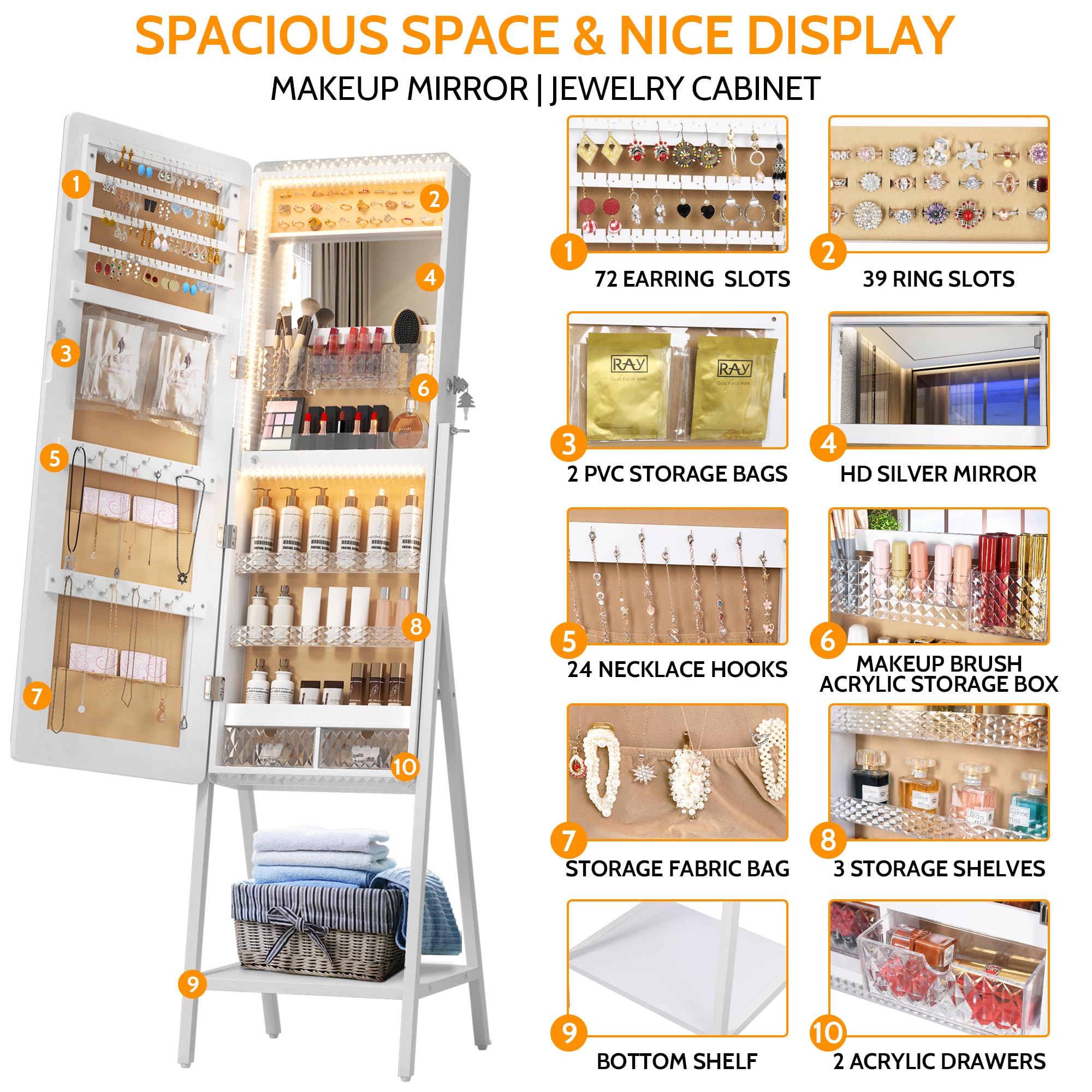 LVSOMT LED Standing Jewelry Mirror Cabinet with Storage - Full Length Floor Mirror with 2 Drawers, Lockable Jewelry Armoire & Built-in Lighted Makeup Mirror - White - Perfect for Bedroom, Dressing Room & Vanity Organization