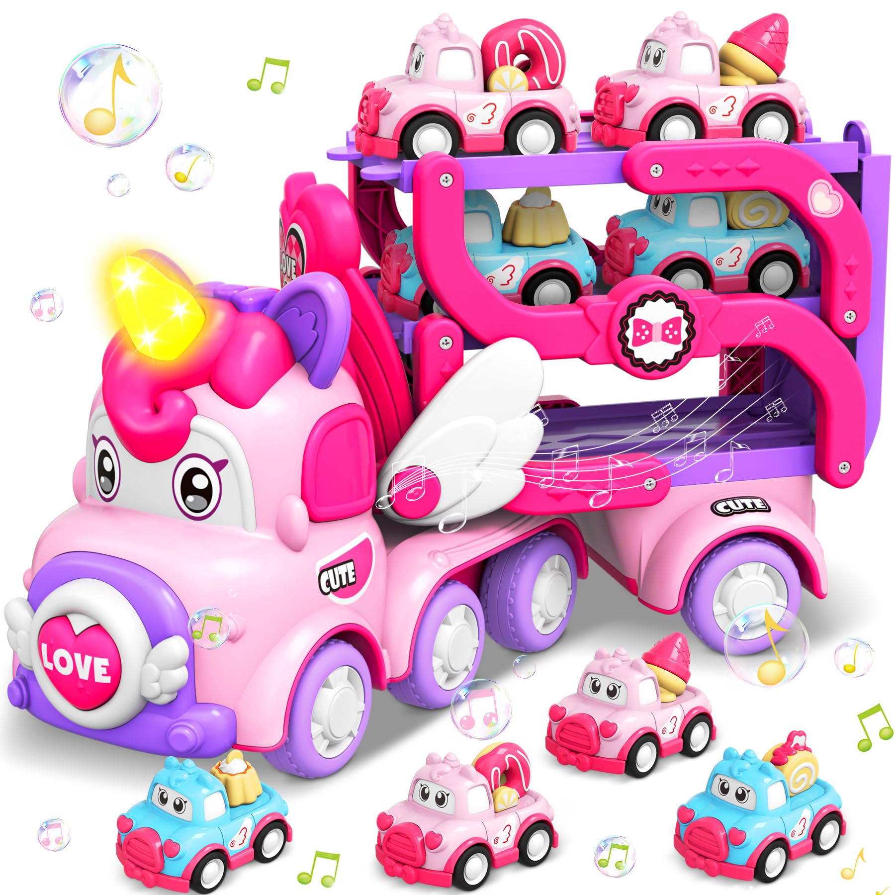 Pourbibi Auto Toy for Girls Ages 2-5 Years - Light & Music Truck Toy with Unicorn Design | Perfect Birthday & Christmas Gift for Toddlers | Pretend Play, Learning & Fun Transportation Toys for Kids
