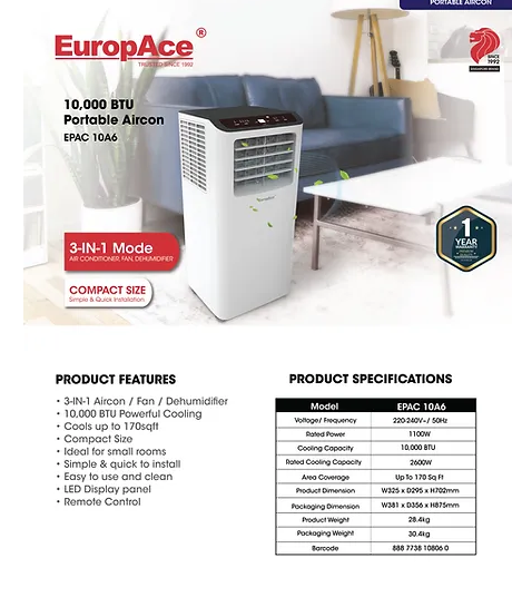 EuropAce EPAC 10A6 10,000 BTU Portable Air Conditioner - Compact Cooling Unit for Home, Office & Small Spaces | Energy Efficient with Remote Control