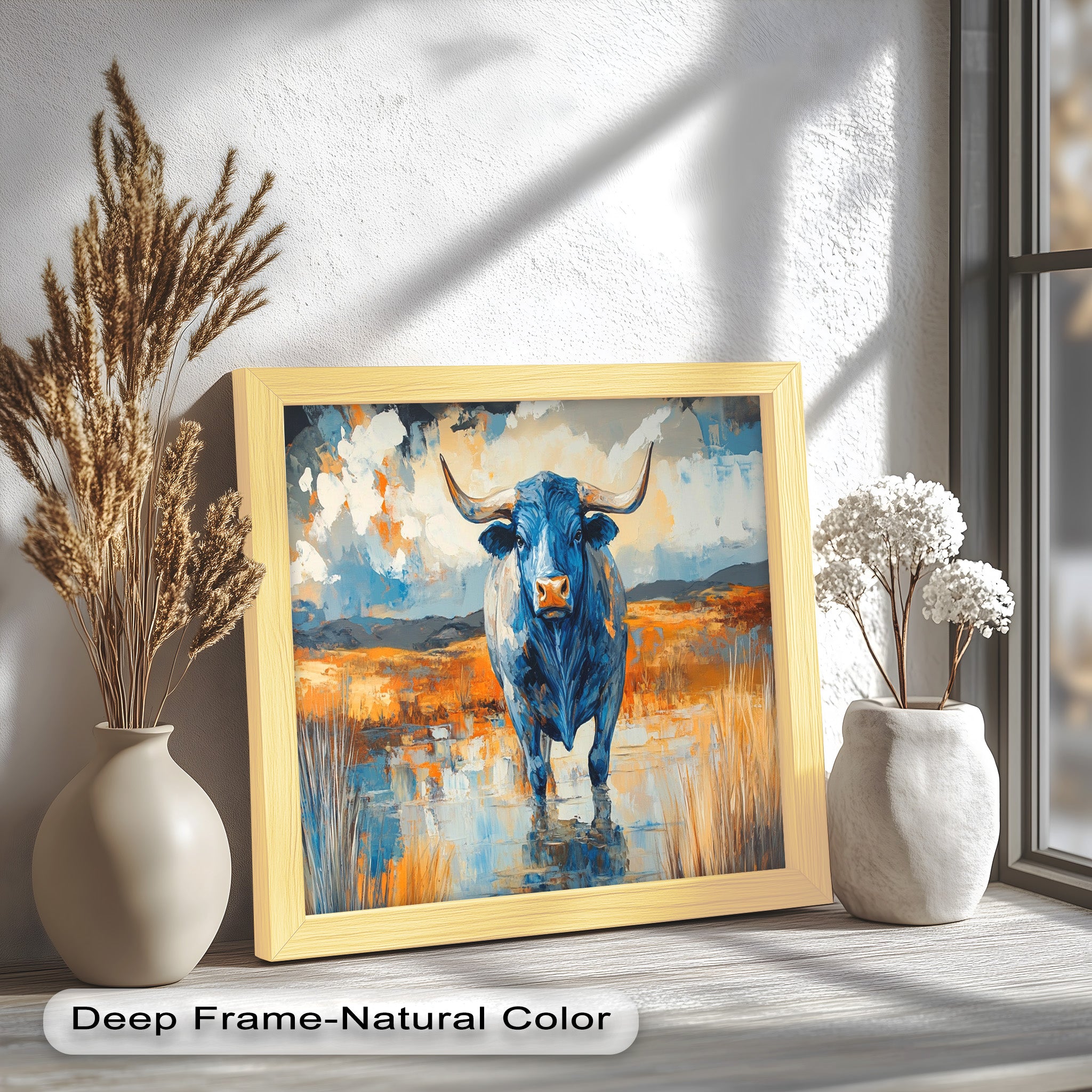 Blue Desert Bull - Hand Painted Animal Oil Canvas Artwork | Western Wildlife Decor for Living Room, Bedroom & Office