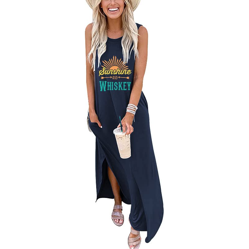 Good Vibes Rainbow Graphic Print Women's Sleeveless Maxi Dress with Pockets | Hawaiian Beach Vacation Outfit, Summer Tank Dress for Pool Party & Tropical Getaway
