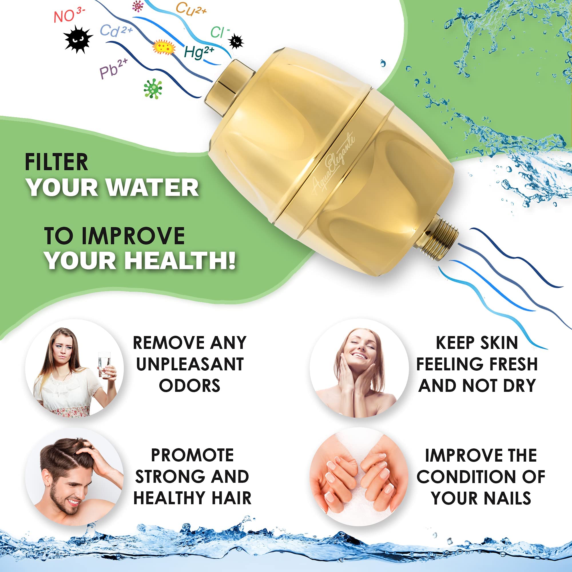 6 Function High Pressure Handheld Shower Head with Filter - Removable Showerhead with Mount & Stainless Steel Hose - Chlorine Removal Water Filter (2.5 GPM, Polished Brass) - Perfect for Bathroom, Spa-Like Shower Experience and Hard Water Areas