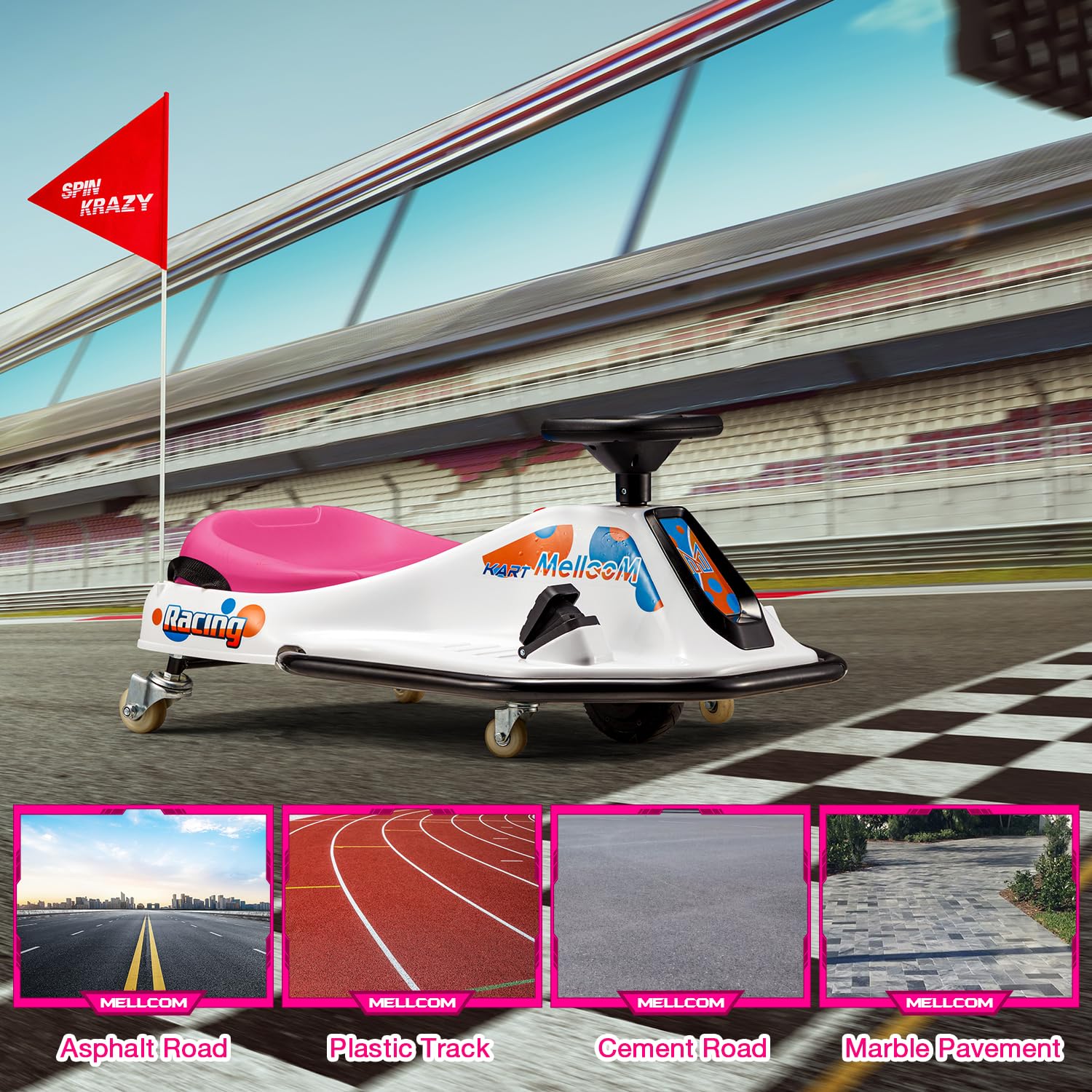 MELLCOM 24V Electric Drifting Go Kart for Kids - 360° Rotatable Wheels, Bluetooth, LED Lights & Music | Ride-On Toy Car with Acceleration Pedal | Perfect for Birthday Gifts, Outdoor Play & Backyard Racing (Pink)