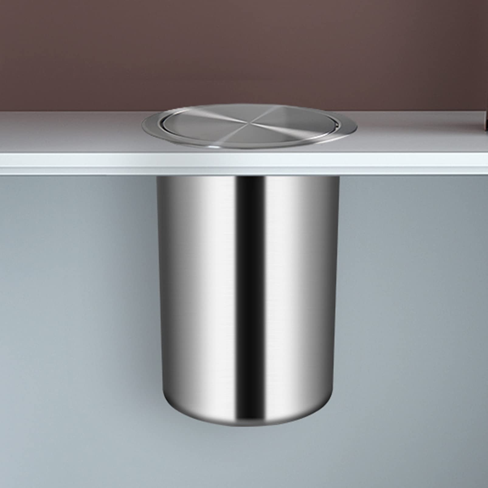 Stainless Steel 9L Round Trash Can with Flip Lid - Built-in Countertop Recycling Bin for Kitchen Cabinet, Workbench, Restaurant, Hotel & Office Use - Durable Brushed Metal Commercial Garbage Bin for Waste Management