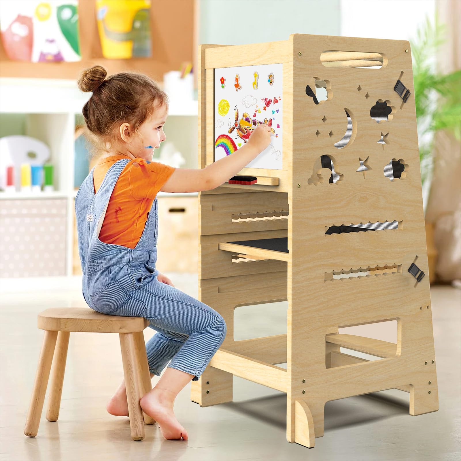 Natural Wood Adjustable Height Toddler Tower with Safety Rail - Montessori Learning Step Stool for Kids, Perfect for Kitchen Counter & Bathroom Use, Ideal for Cooking, Baking & Handwashing Activities