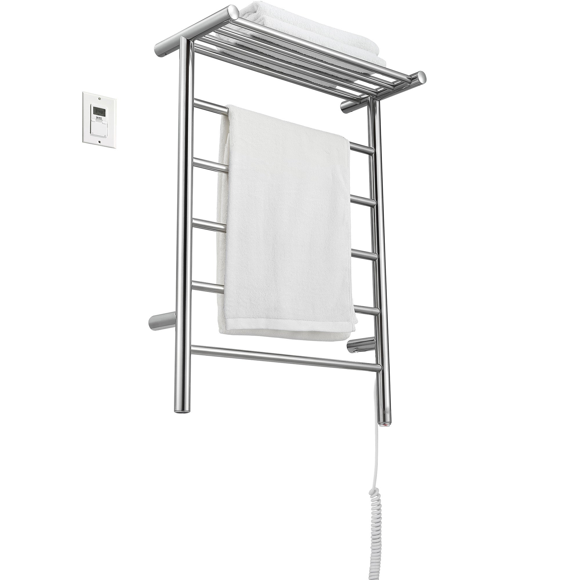 Miazzo 5-Bar Electric Wall Mount Towel Warmer with Shelf - Plug In or Hardwire Installation, Polished Stainless Steel, Digital Timer - Perfect for Bathrooms, Spas & Luxury Home Heating